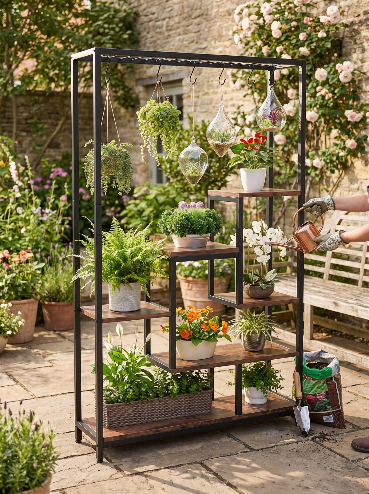 Tall plant stand holding five levels of plants