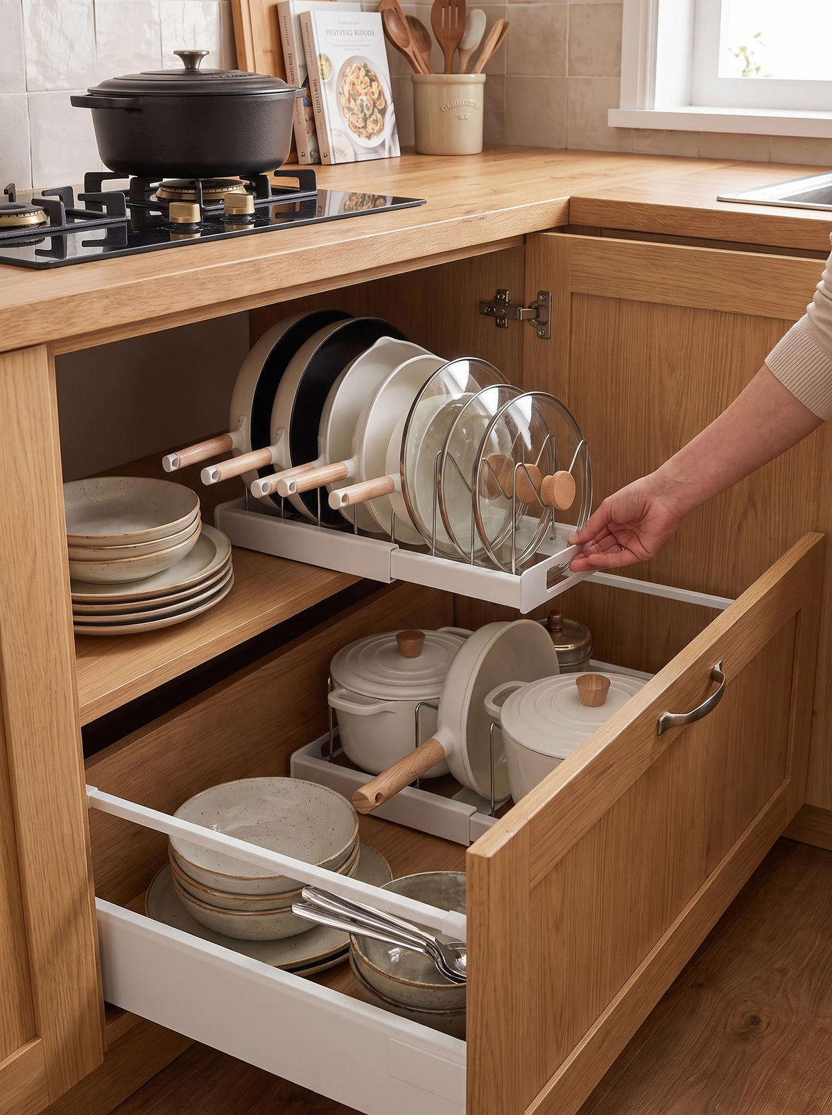Pot lids standing upright in the organizer