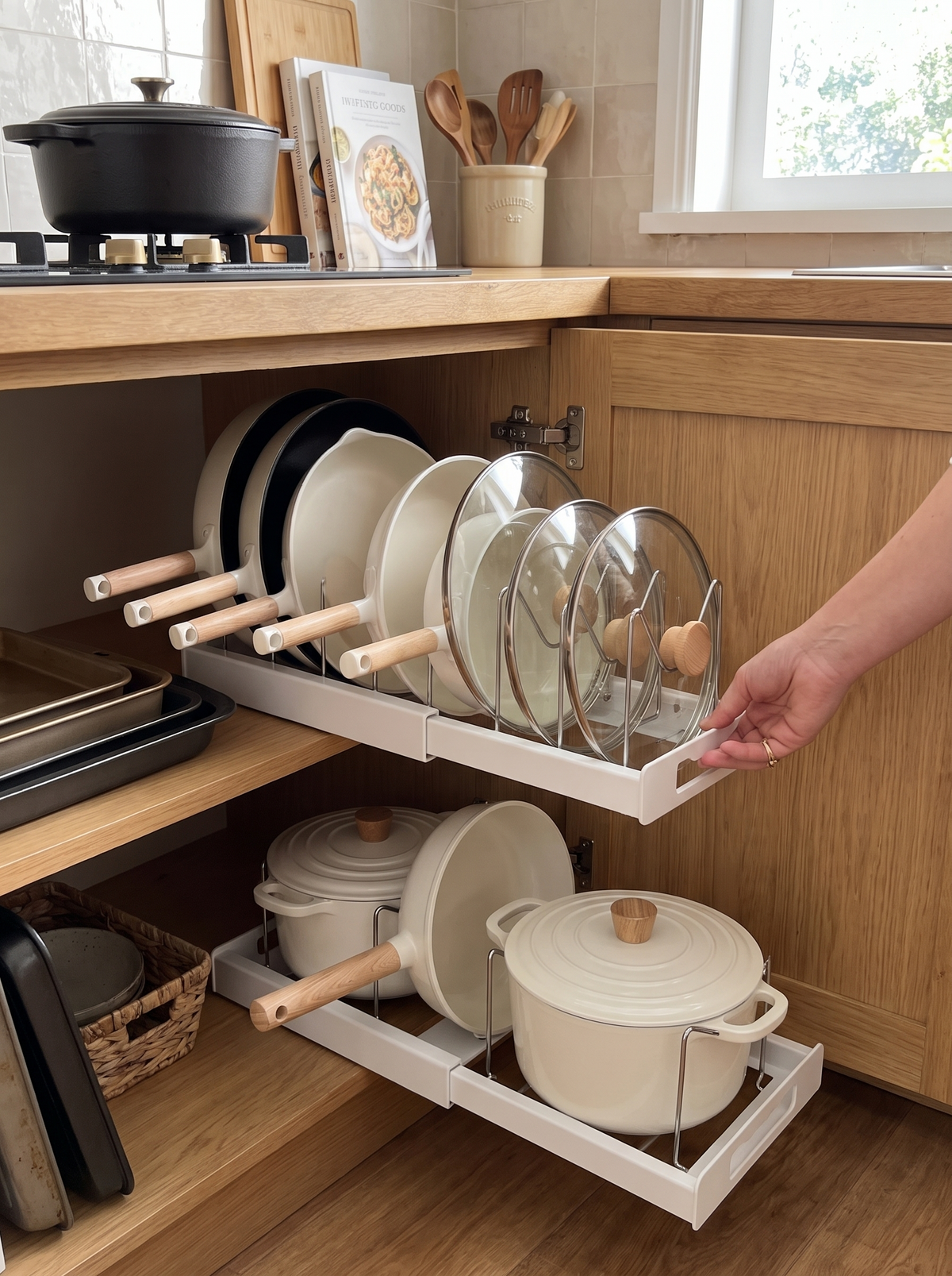 Lid organizer fitted inside a standard cabinet