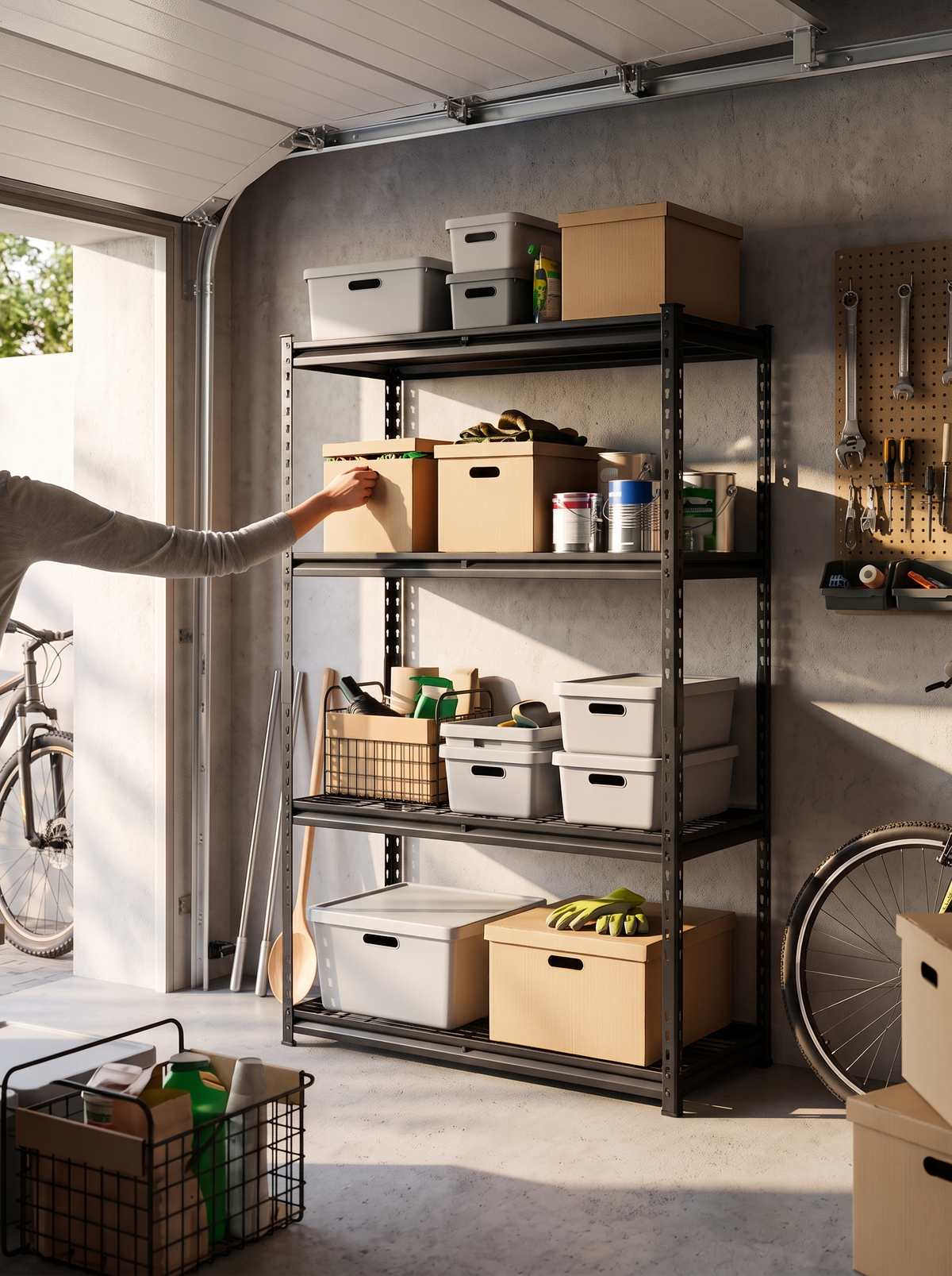 Garage shelving assembled and loaded by hand