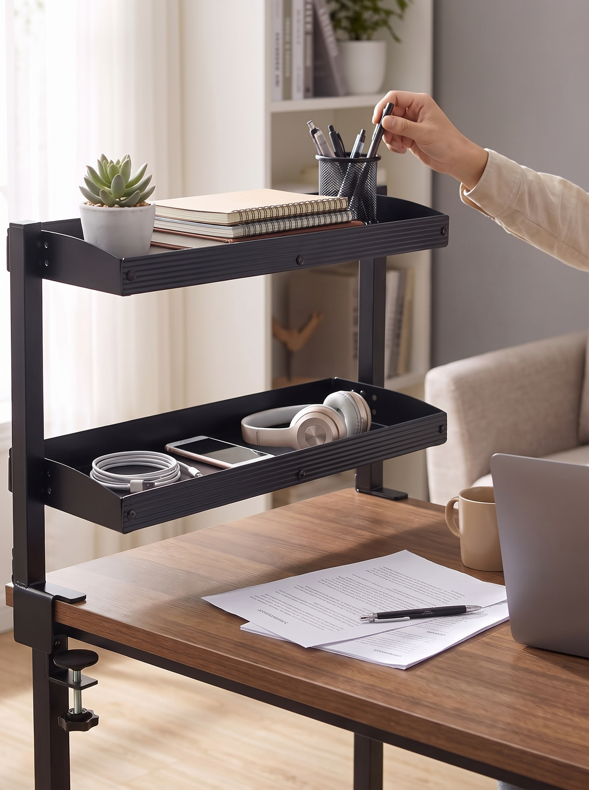 Shelf clamped firmly to the desk edge