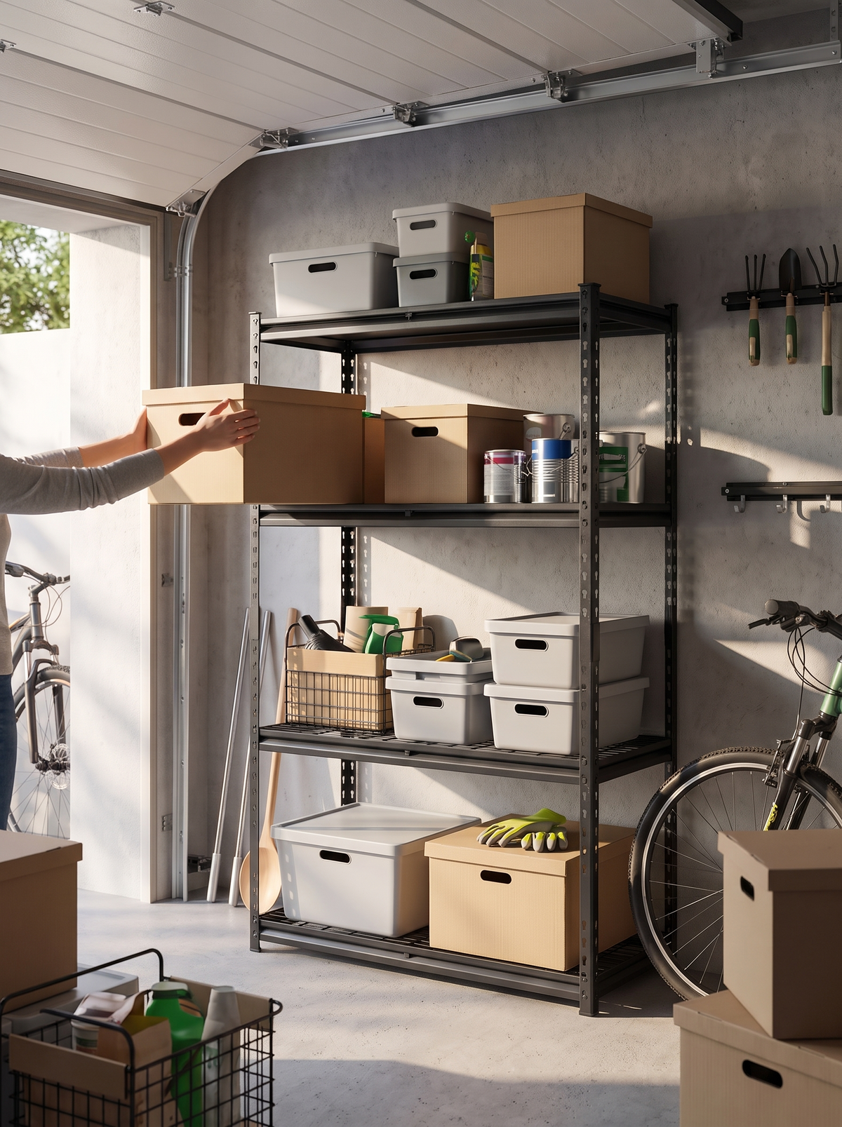Four tier garage shelving stacked with bins