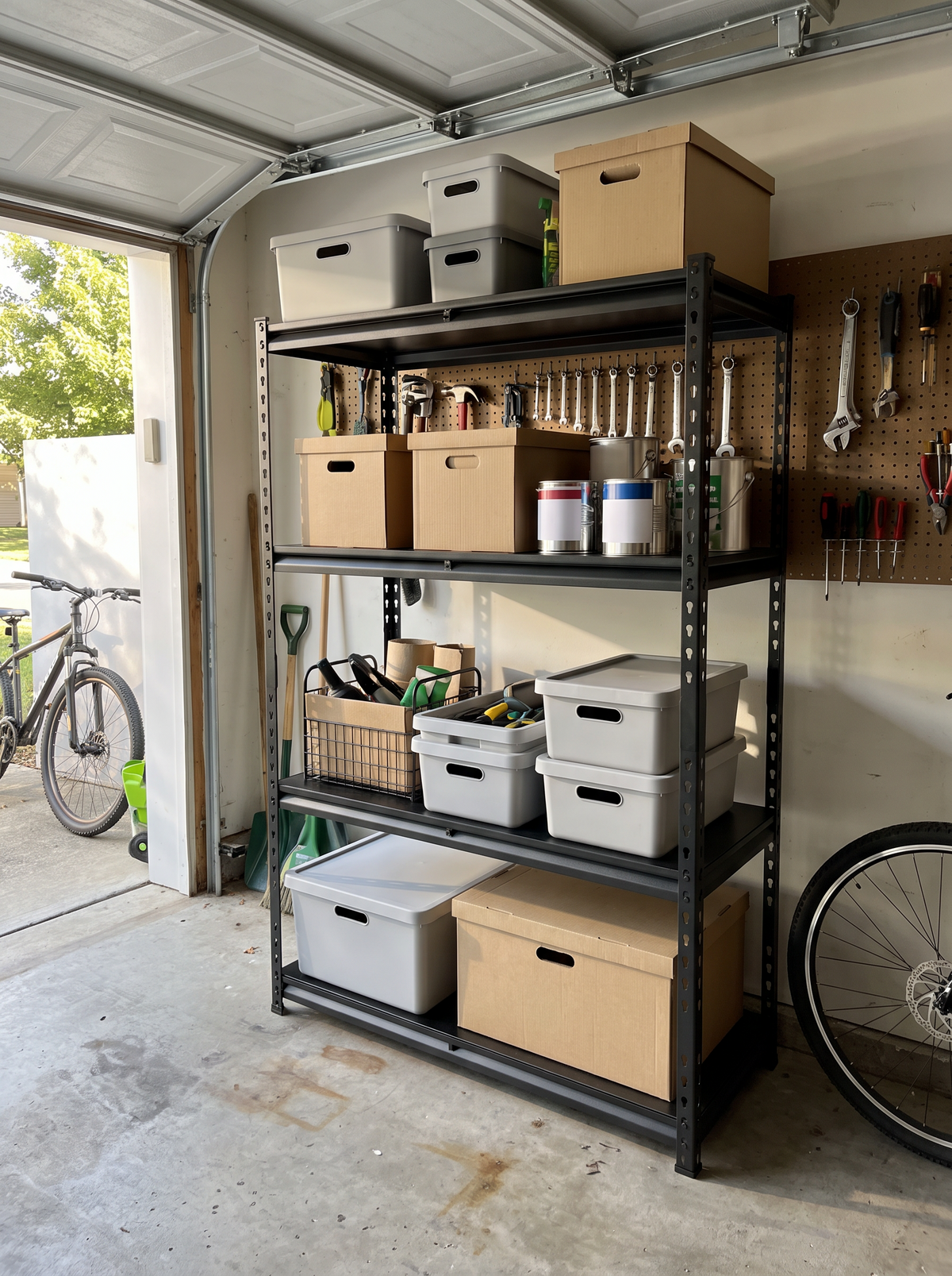 Heavy duty garage shelving loaded with bins and cans