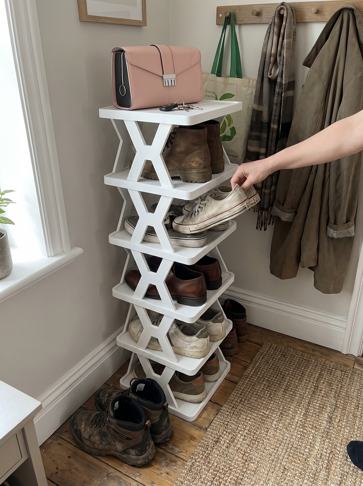 Vertical shoe rack built to the chosen height