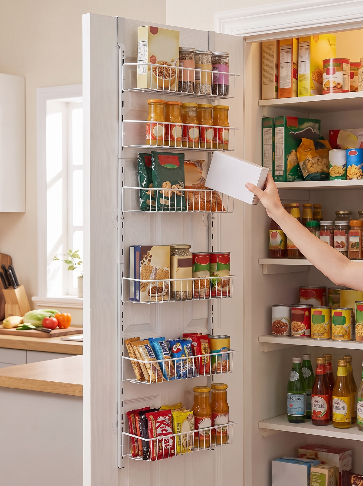 Pantry contents visible across the door rack