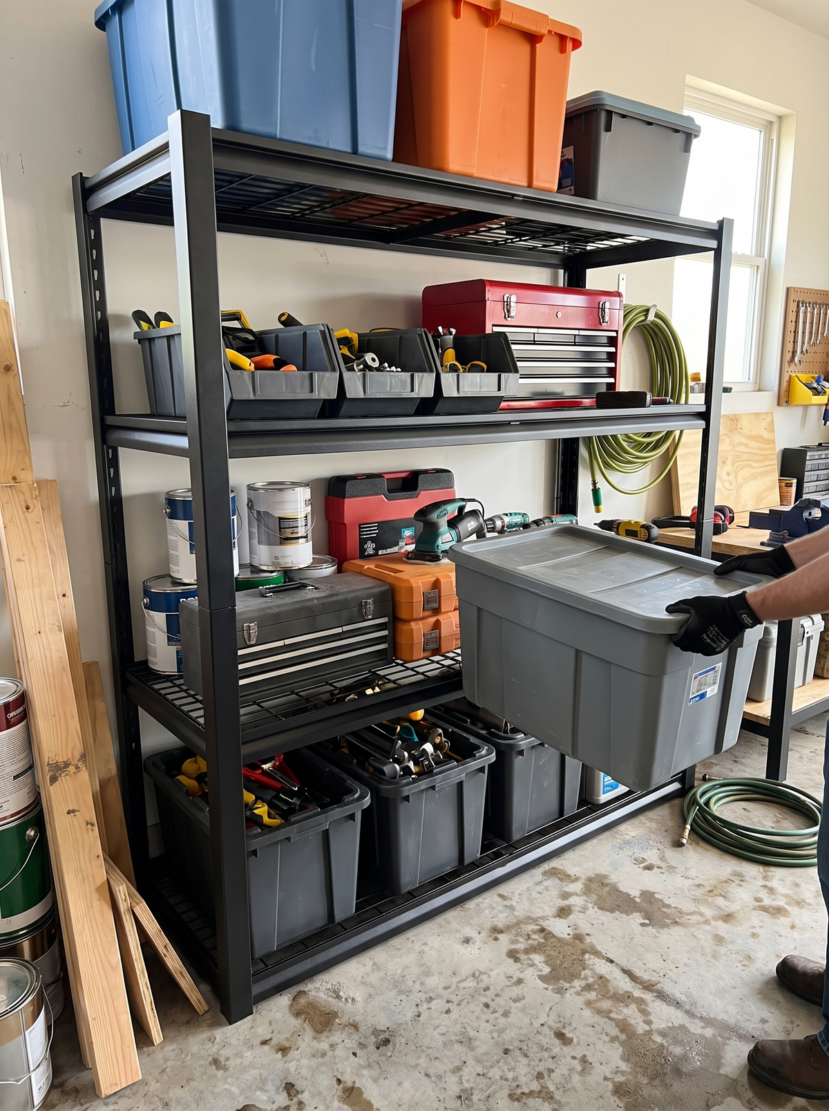 Heavy storage bins loaded onto the shelves