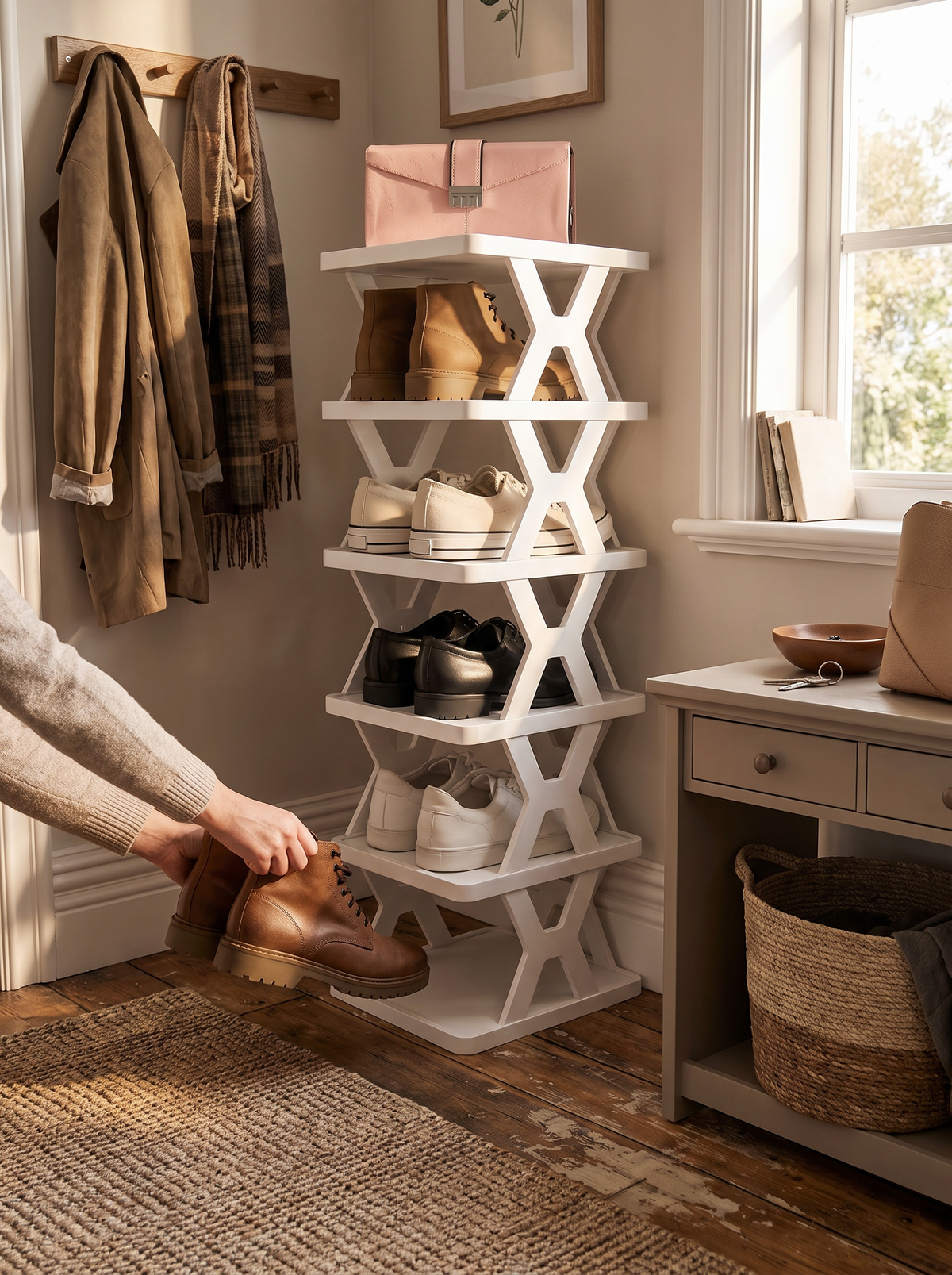 Shoe organizer holding a tidy stack of shoes