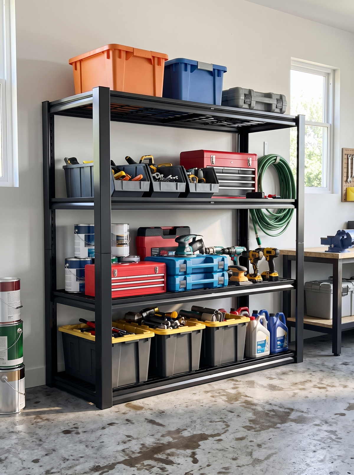 Four shelf unit assembled in a garage