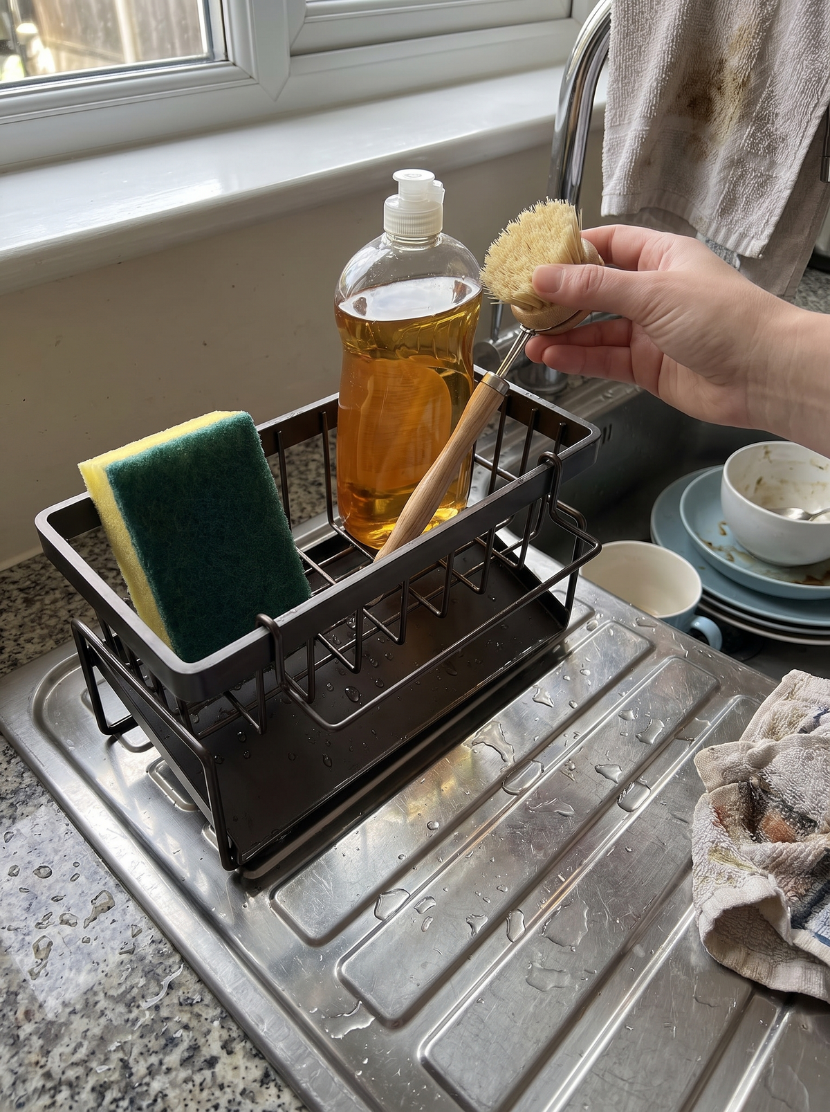 Sponge and soap shelf beside a wet sink