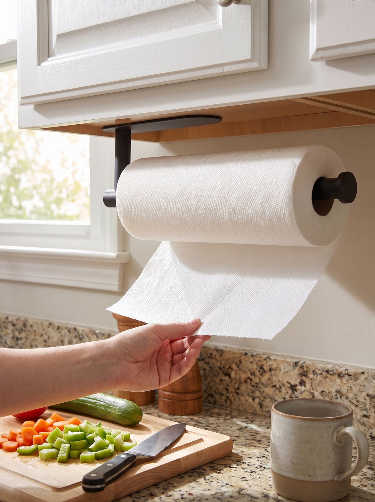 Paper towel holder mounted under a cabinet