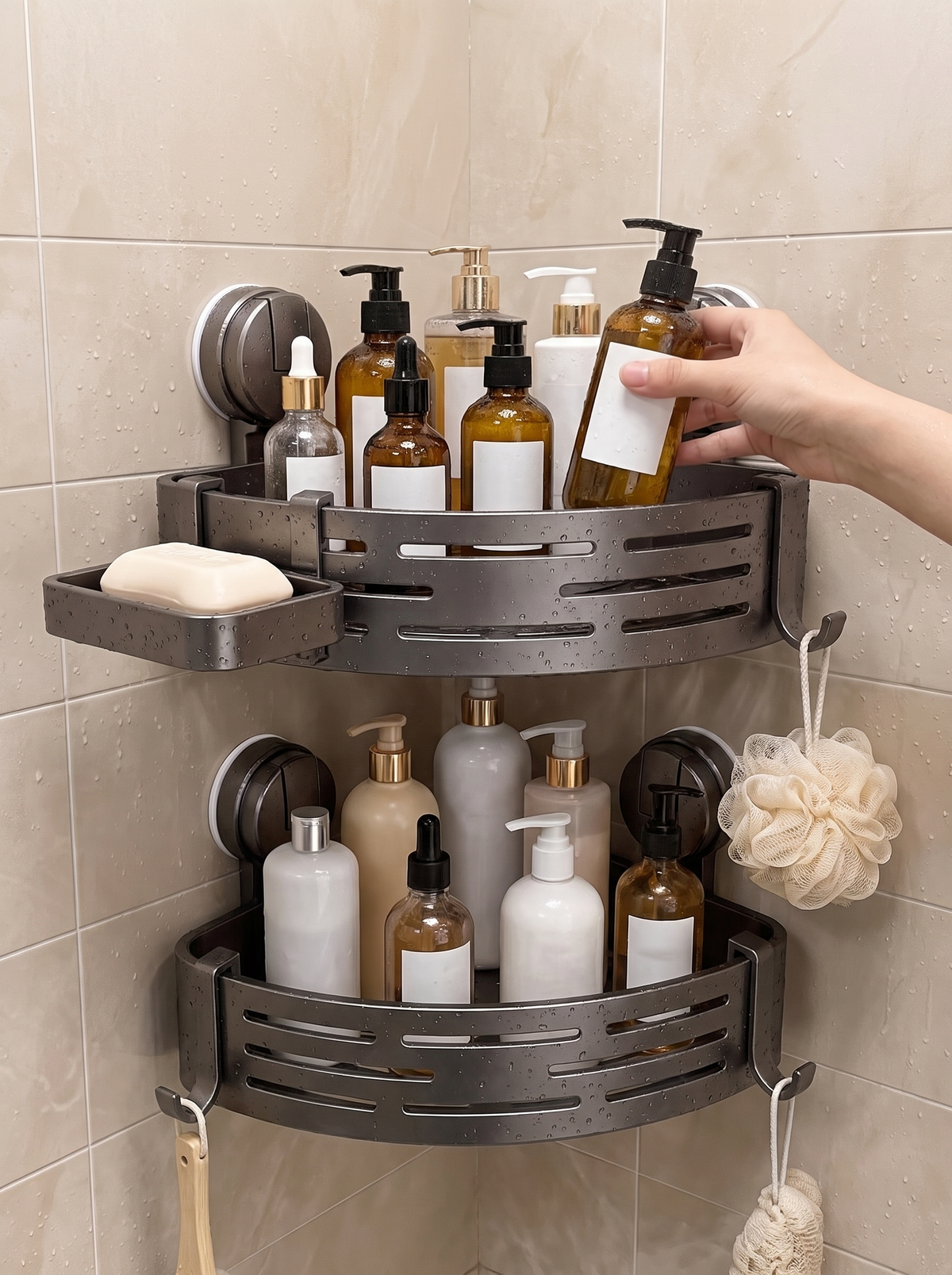 Shower basket holding bottles off the floor