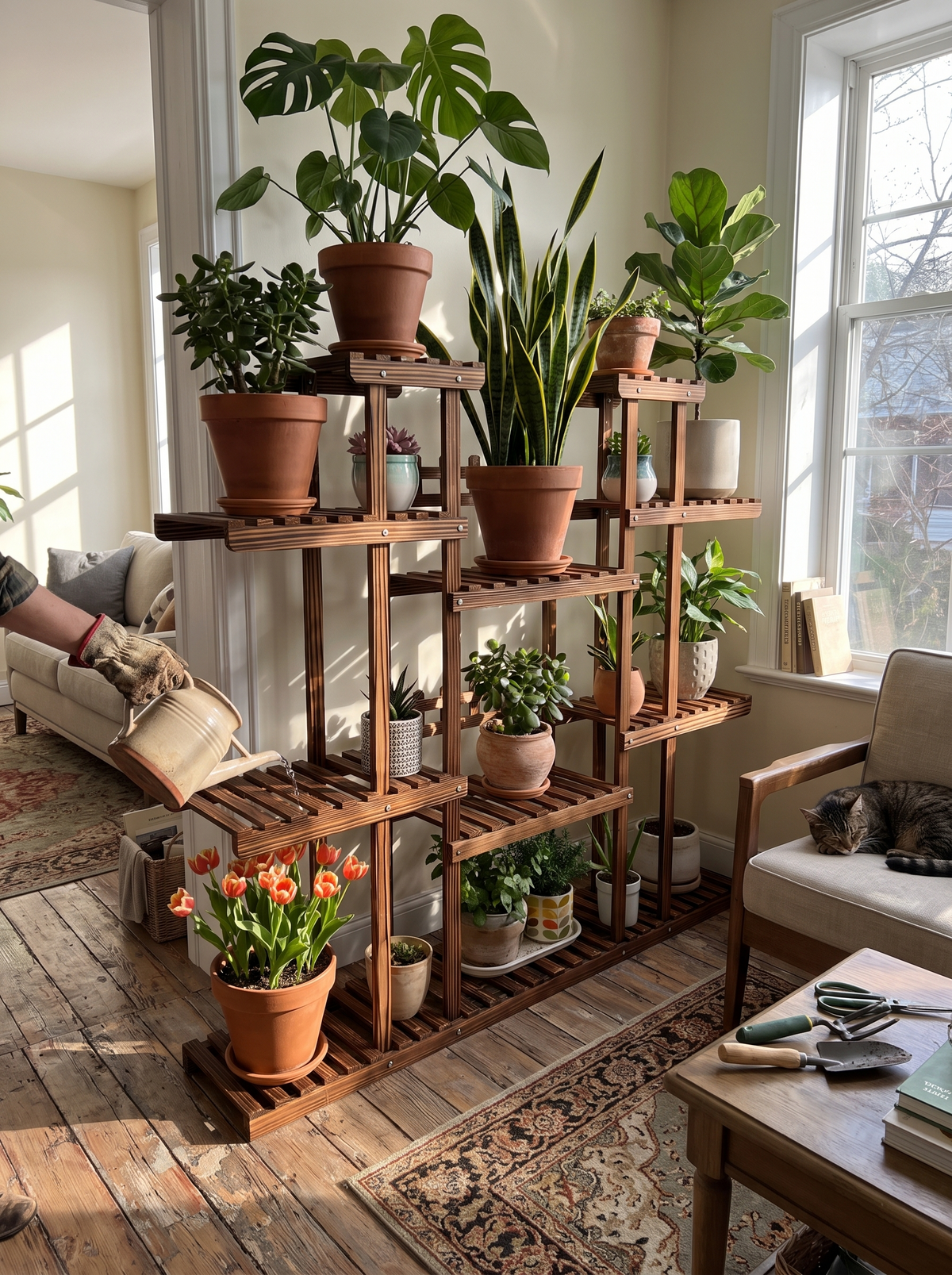 Wooden stand holding large potted plants