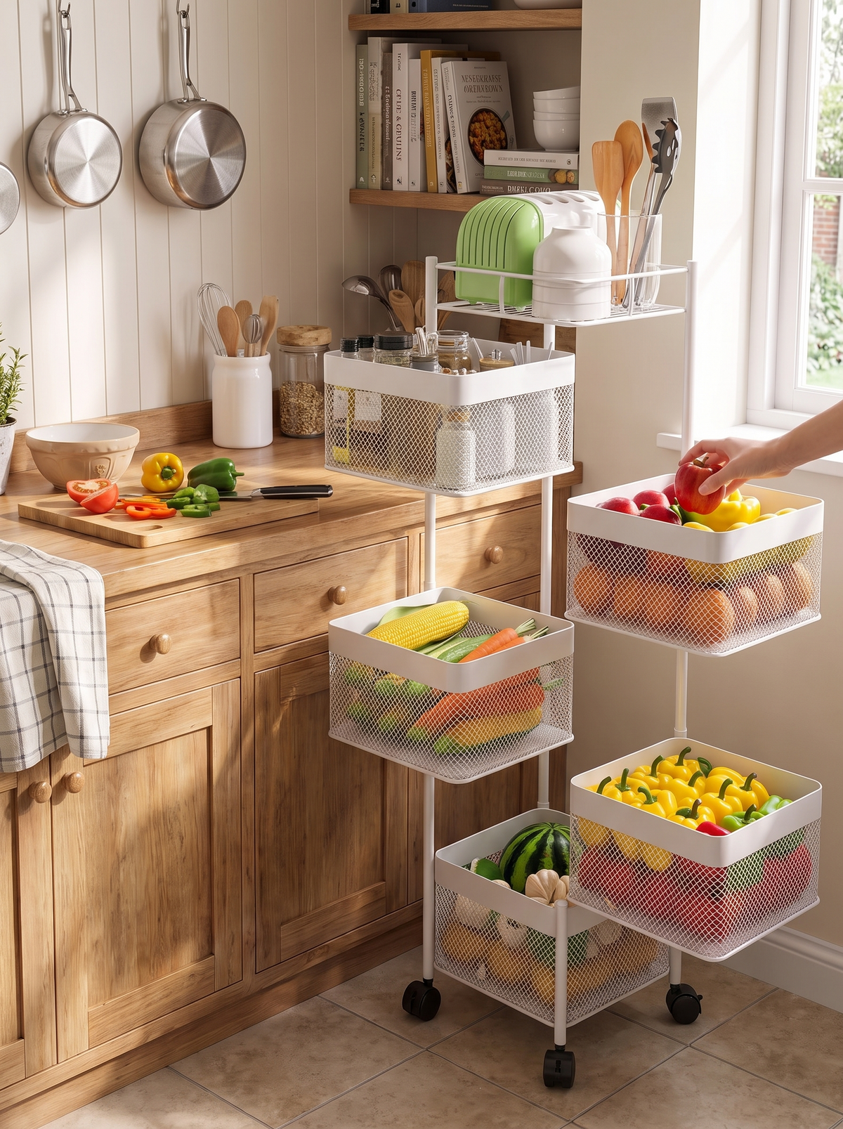 Five basket cart standing in a narrow kitchen gap