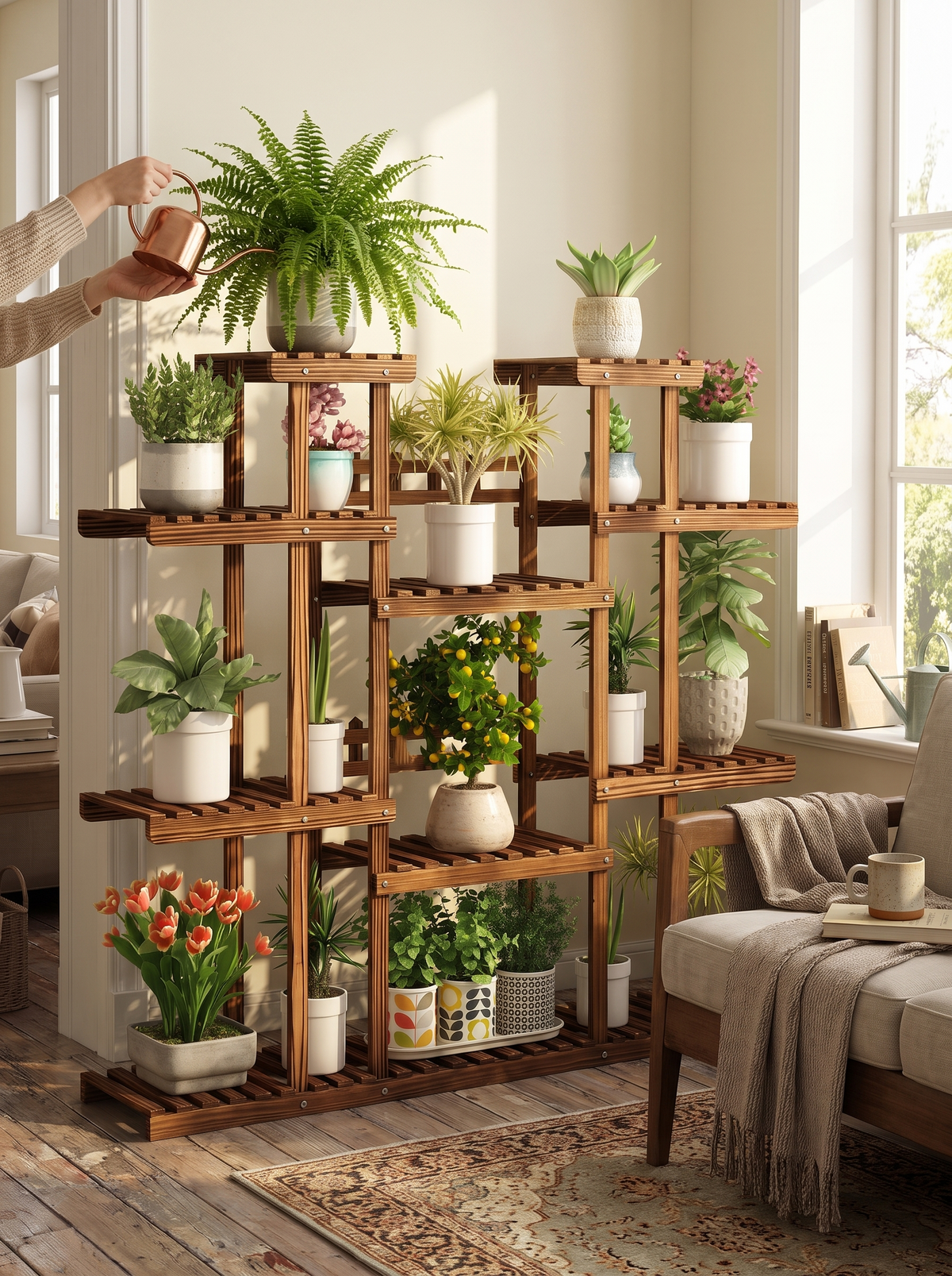 Wooden plant stand filled with greenery