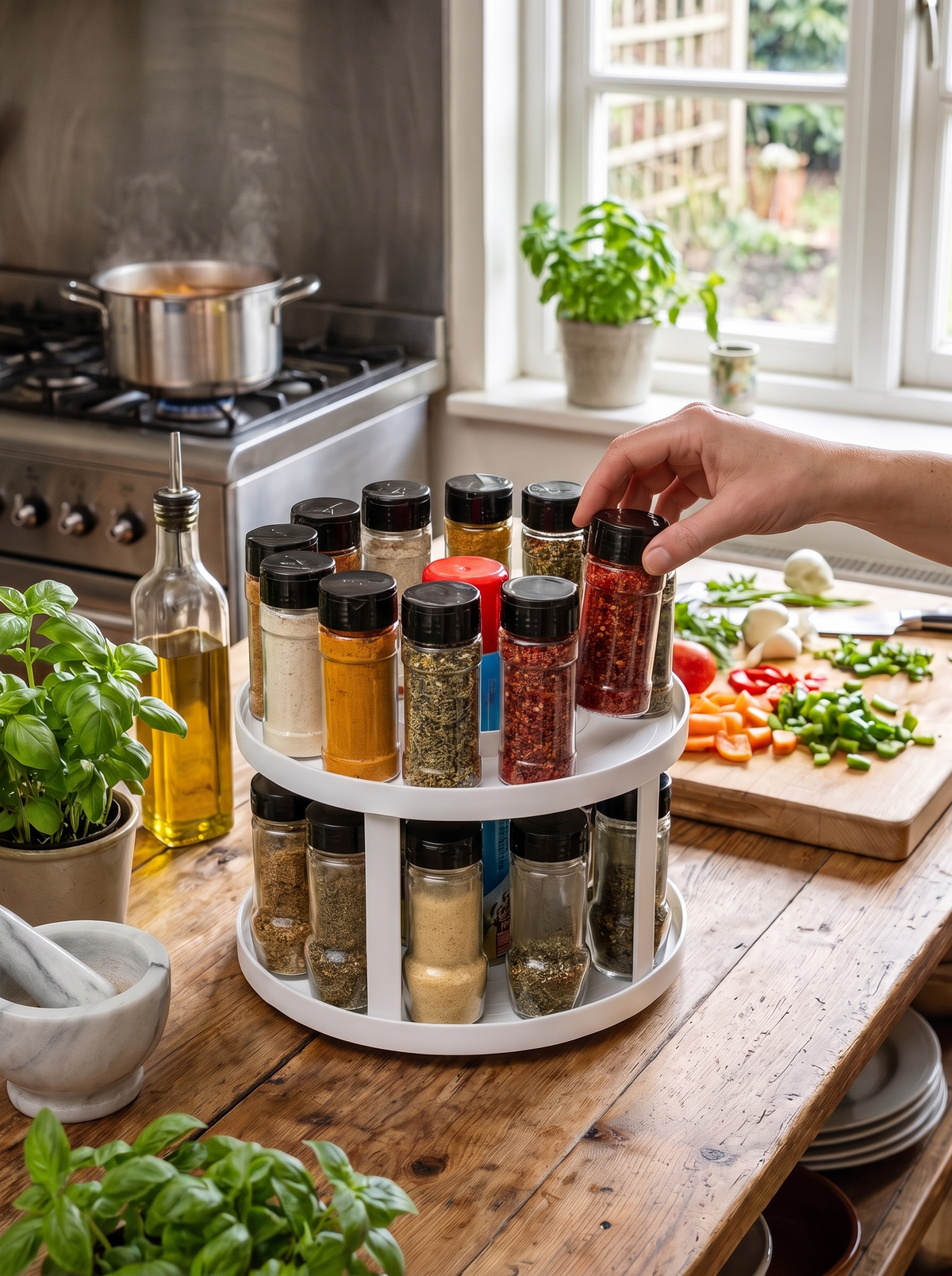 Rotating spice rack turned to reach a jar
