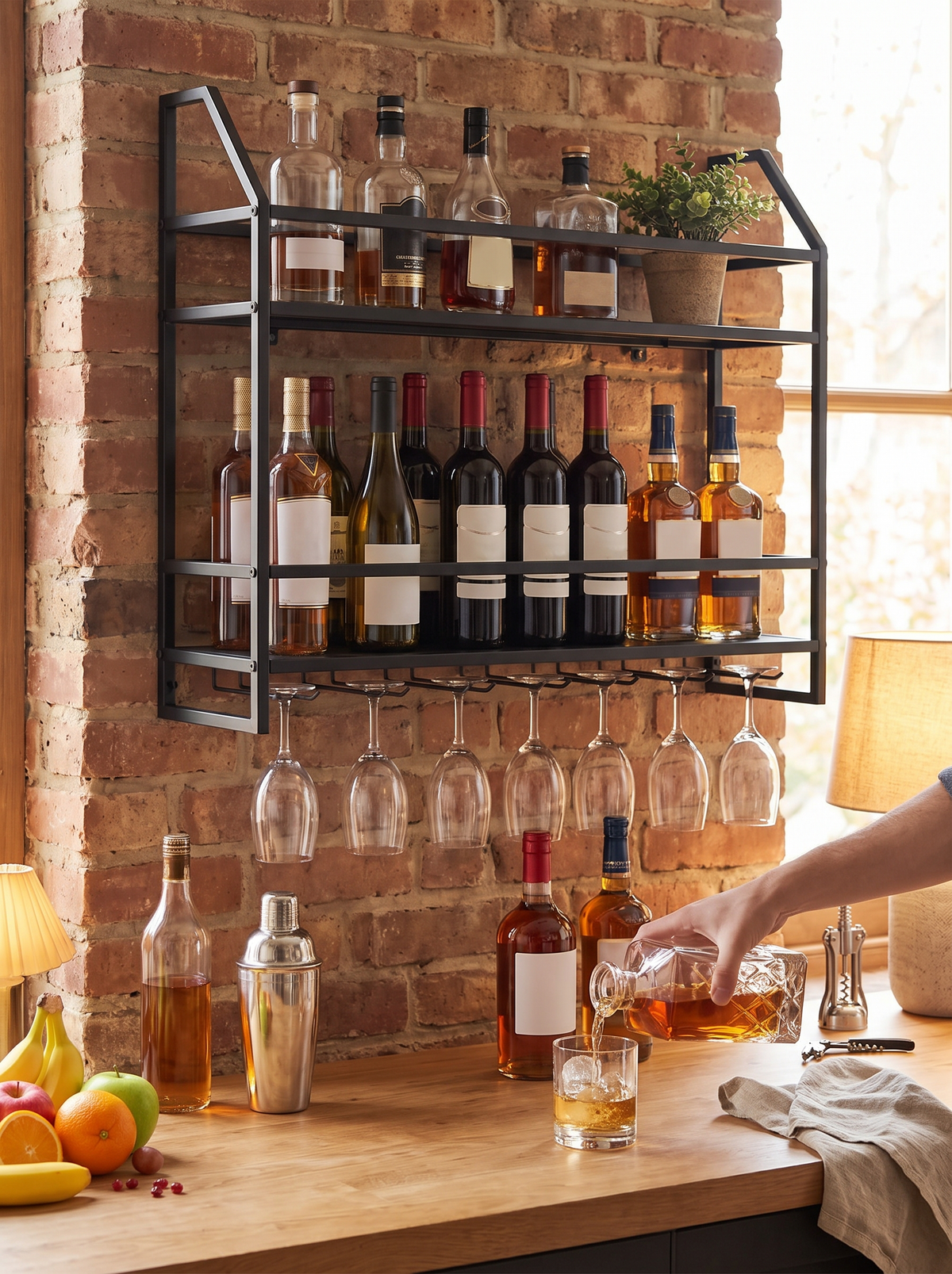 Wall mounted rack acting as a home bar