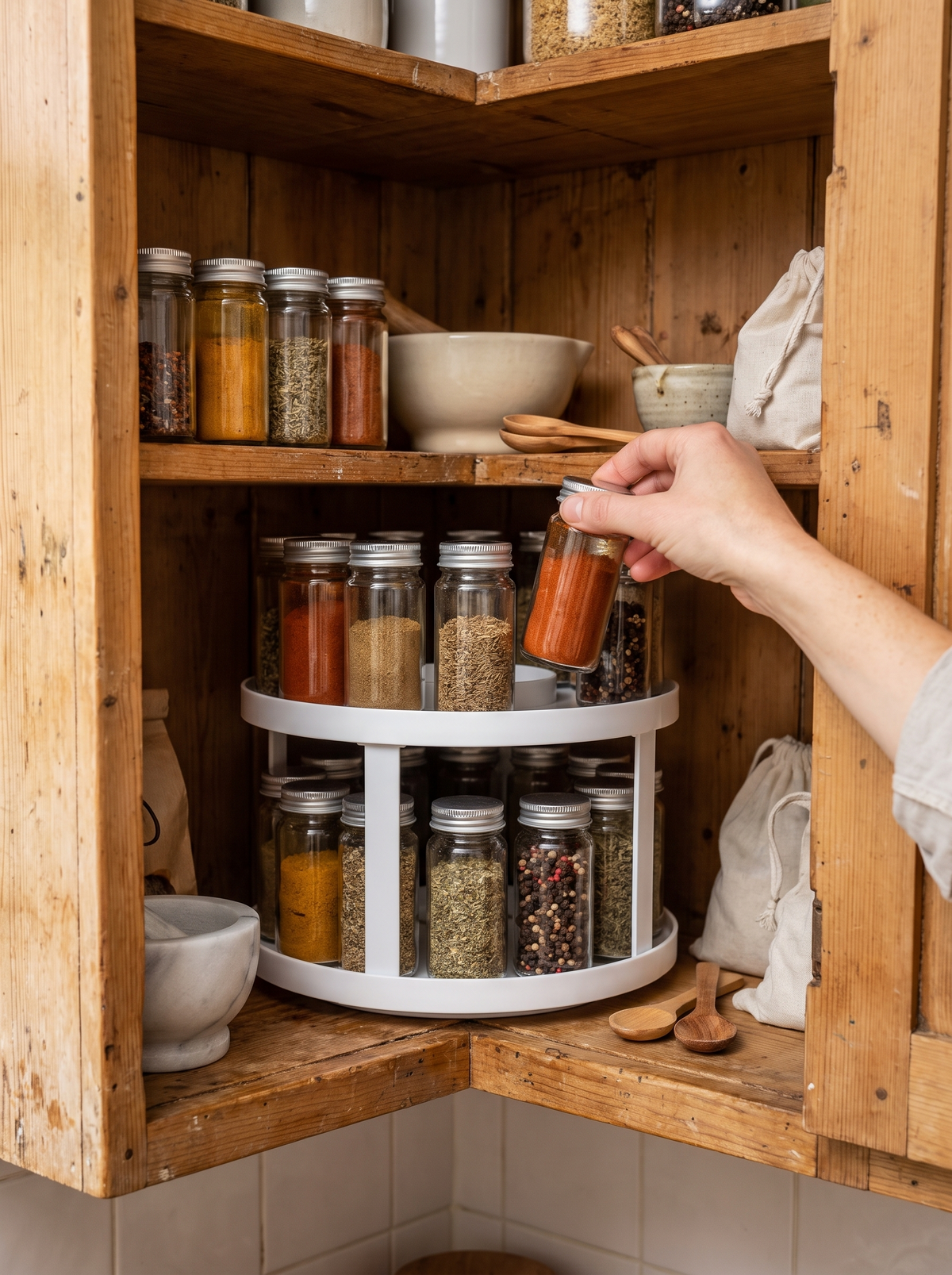Two tier spice turntable inside a corner cabinet