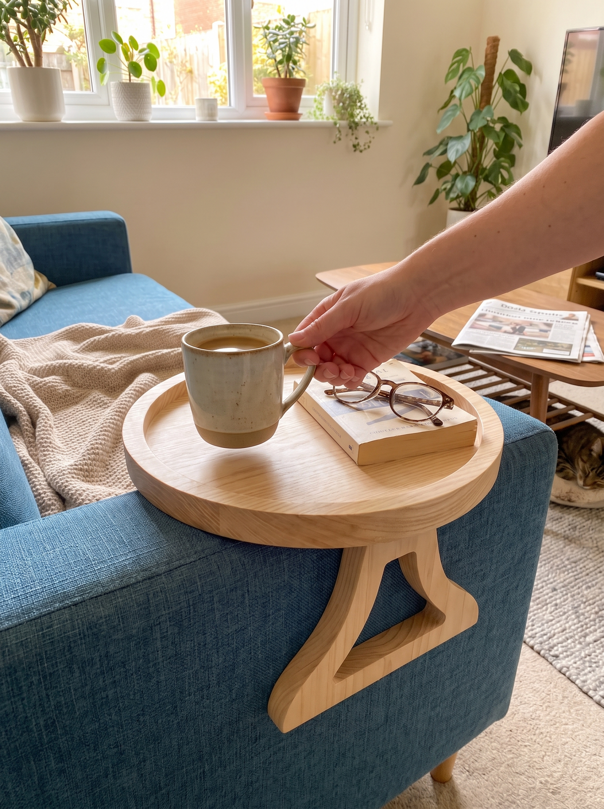 Sofa arm tray holding a mug and a book