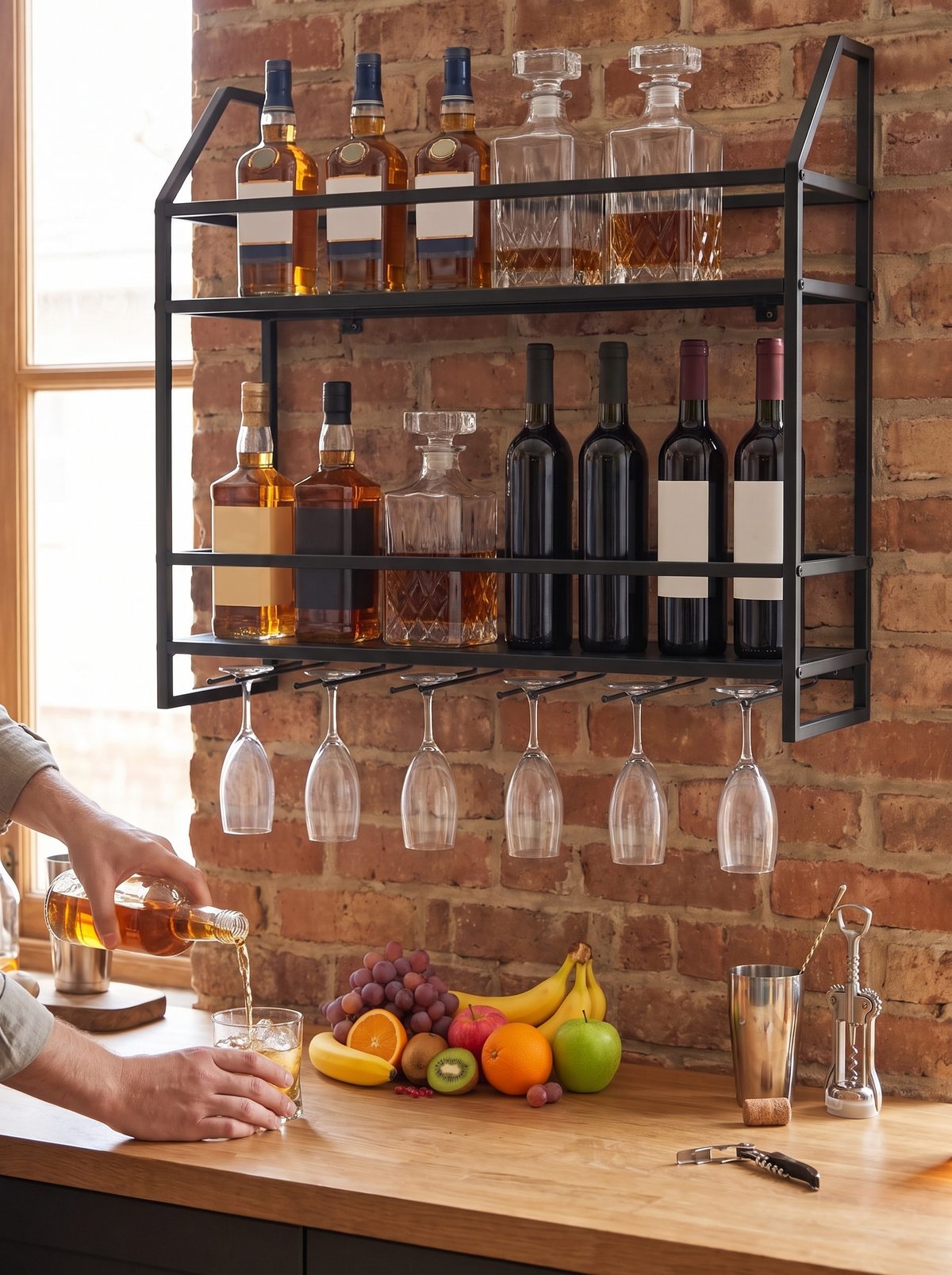 Stemware hanging safely beneath the rack
