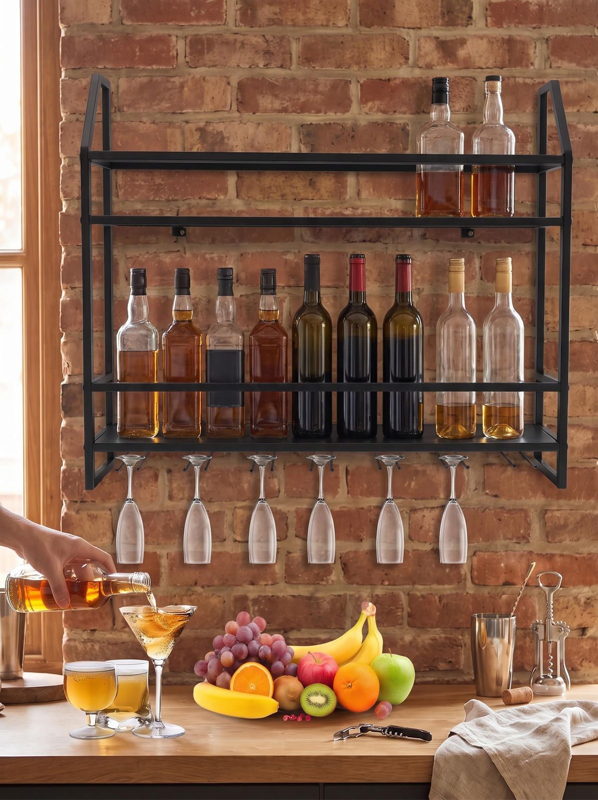 Wall rack holding bottles and hanging glasses