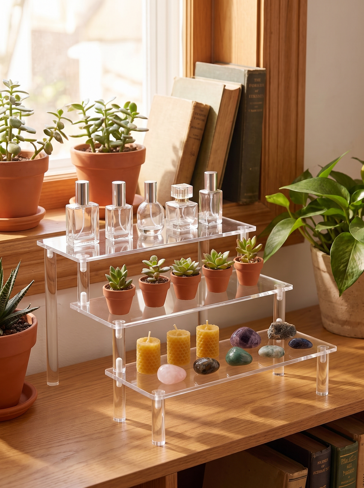 Clear acrylic riser blending into the shelf