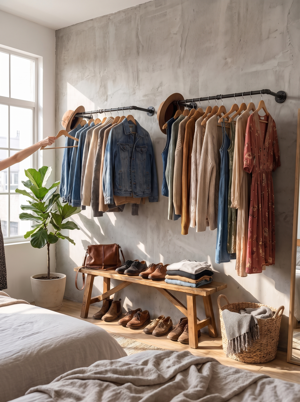 Pipe clothes rail used as open wardrobe storage