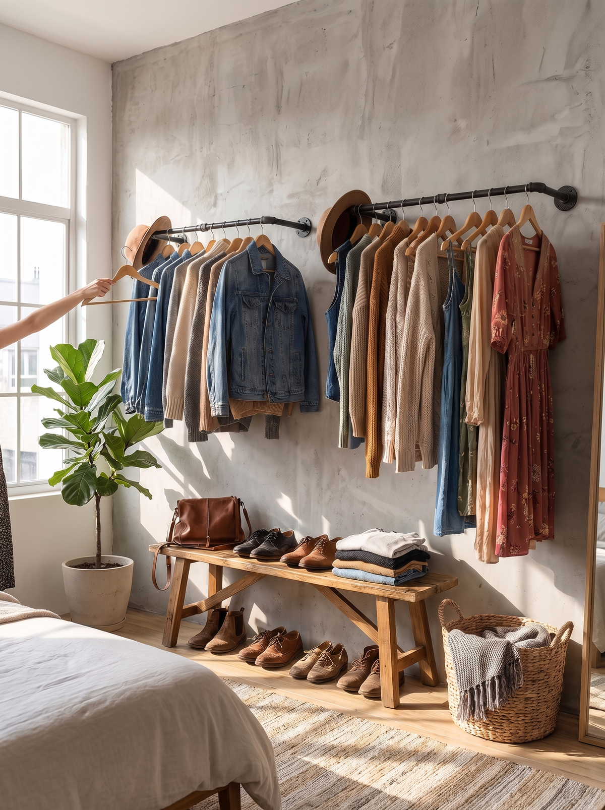 Steel pipe rail carrying a full row of clothes
