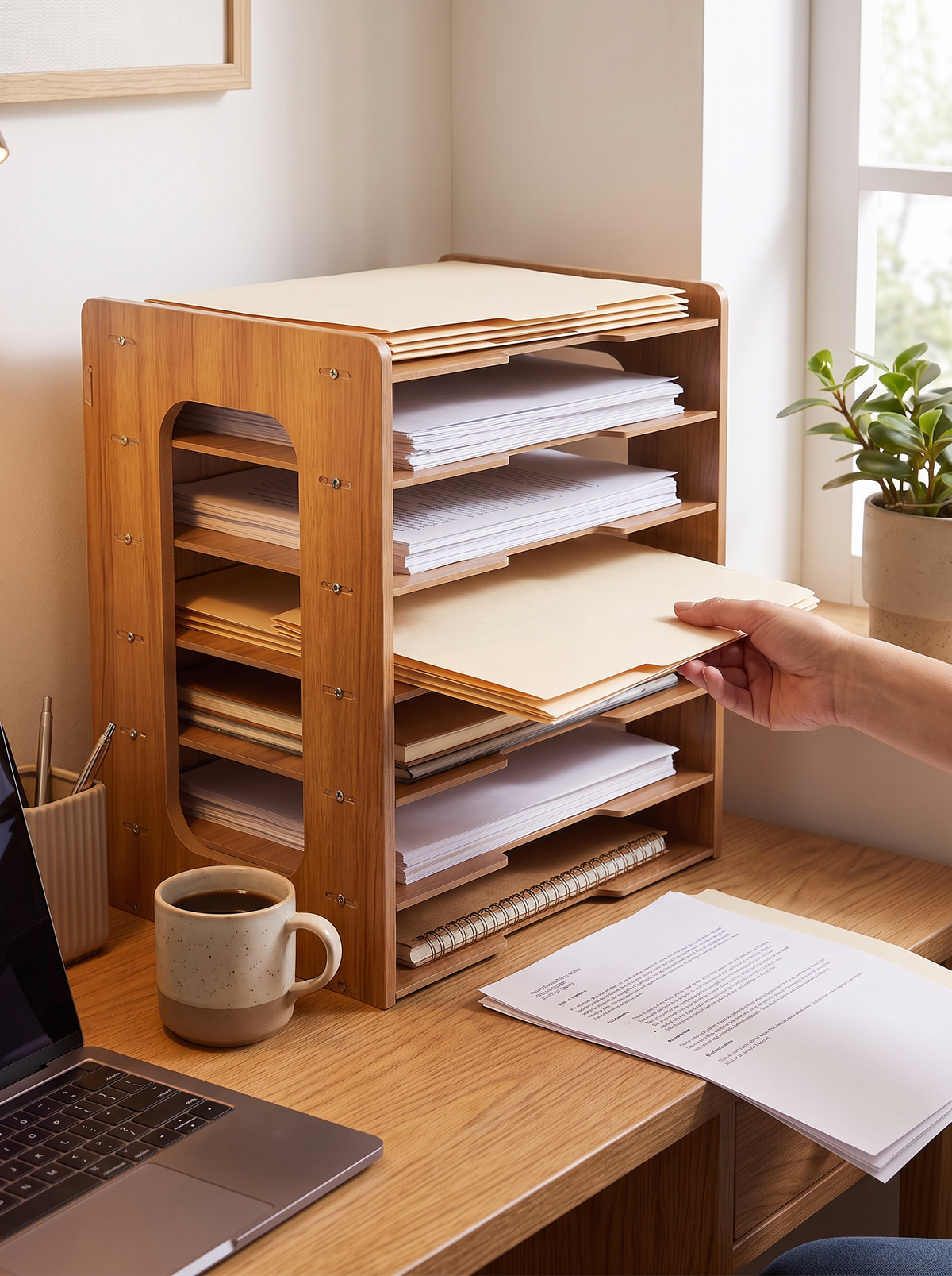Wooden paper sorter holding sorted documents