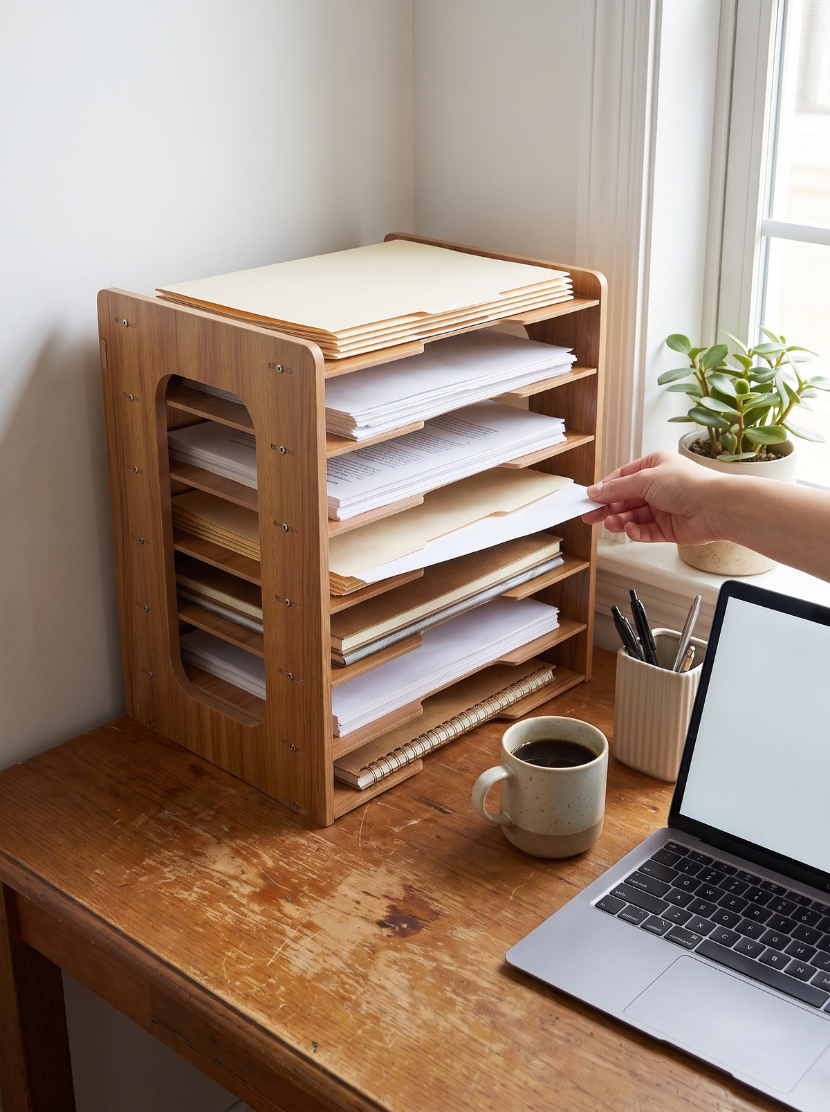 Solid wood sorter sitting on a desk