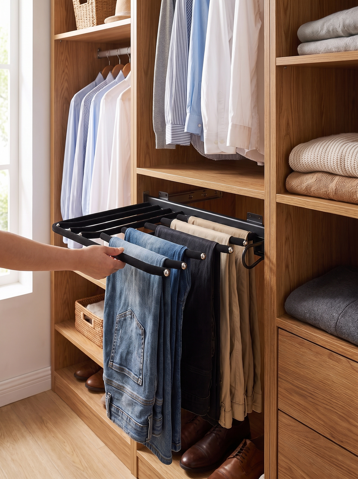 Trouser rack pulled out of the closet
