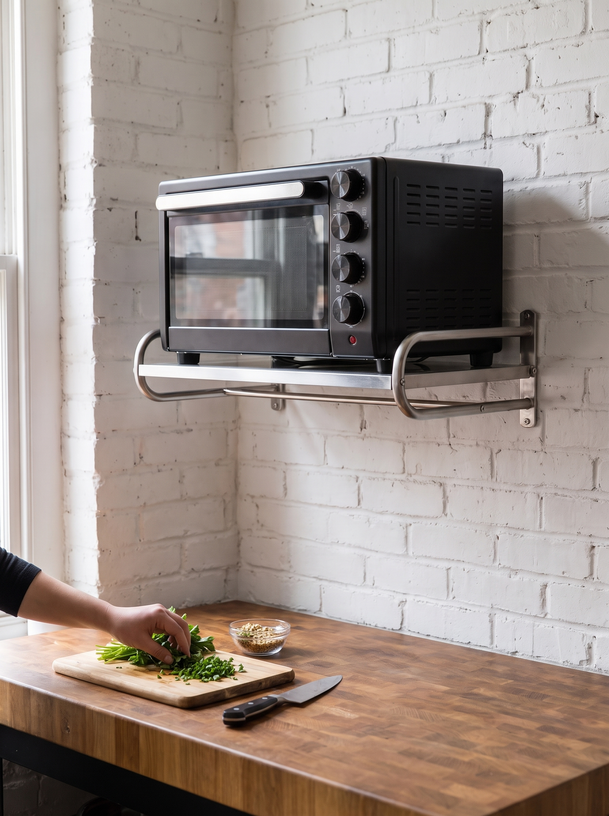 Microwave shelf on the wall with the counter left clear