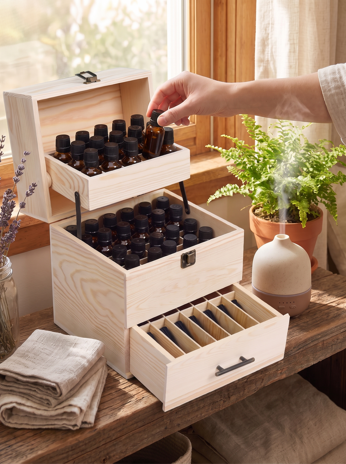 Oil bottles standing upright in the wooden box