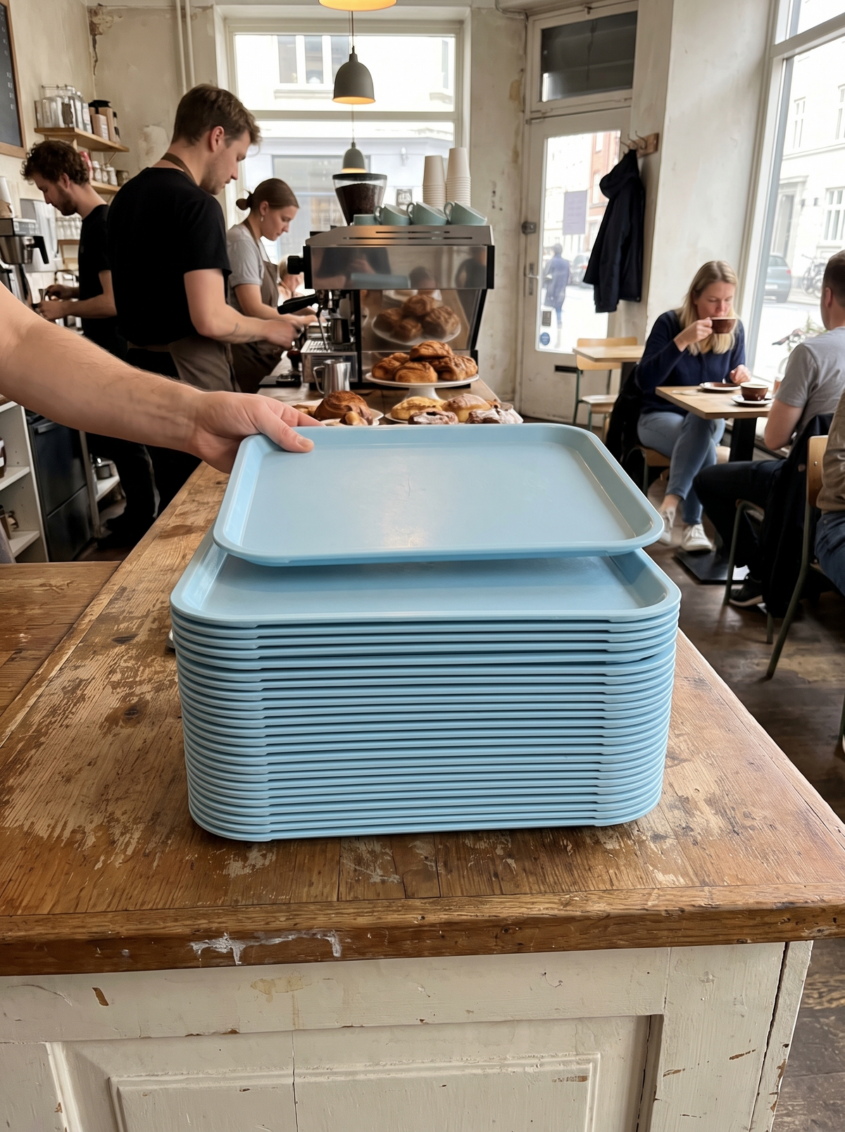 Stack of serving trays ready for service
