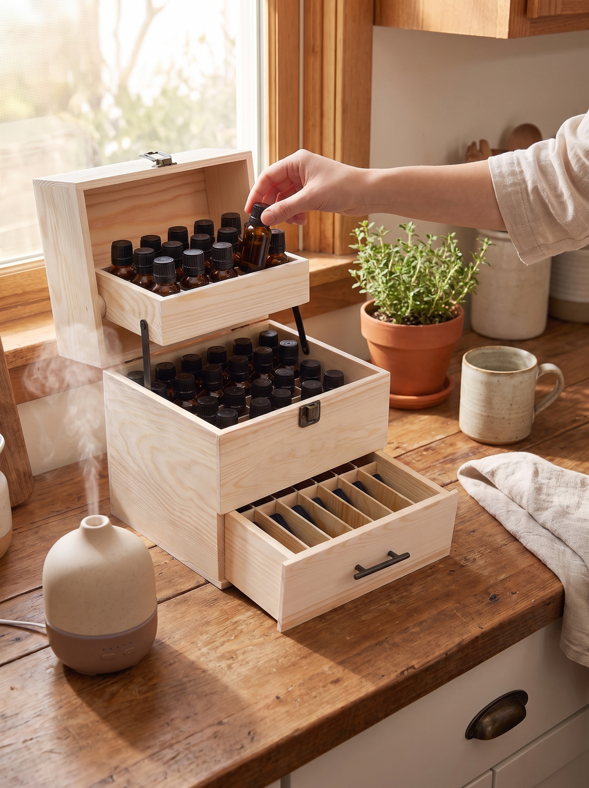 Wooden oil box sitting on a counter