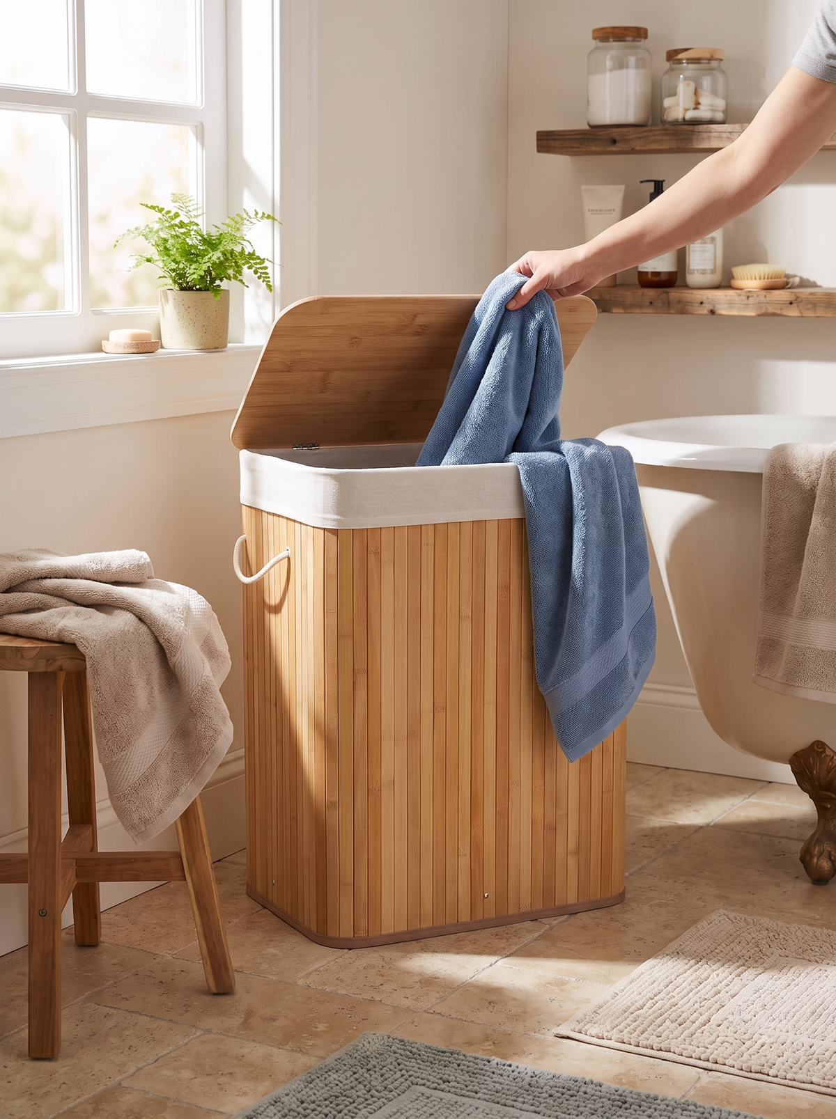 Bamboo hamper suiting a warm bathroom