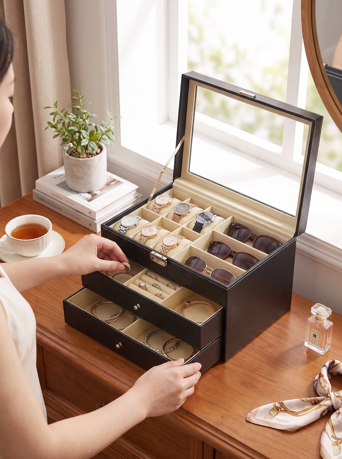 Drawer pulled out to reach the lower row