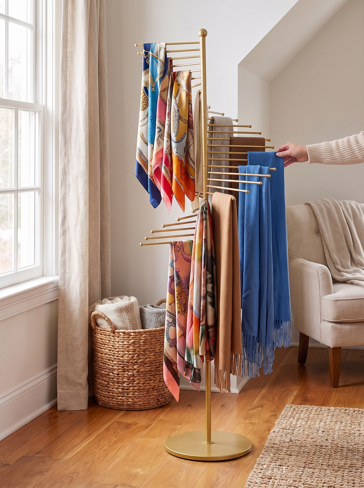 Spiral stand displaying colourful scarves
