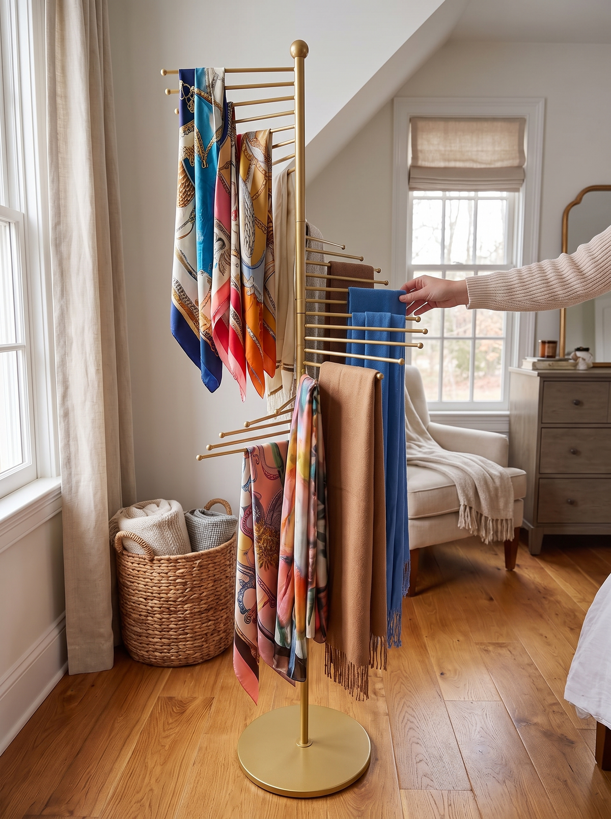 Stand turned to reach a scarf at the back