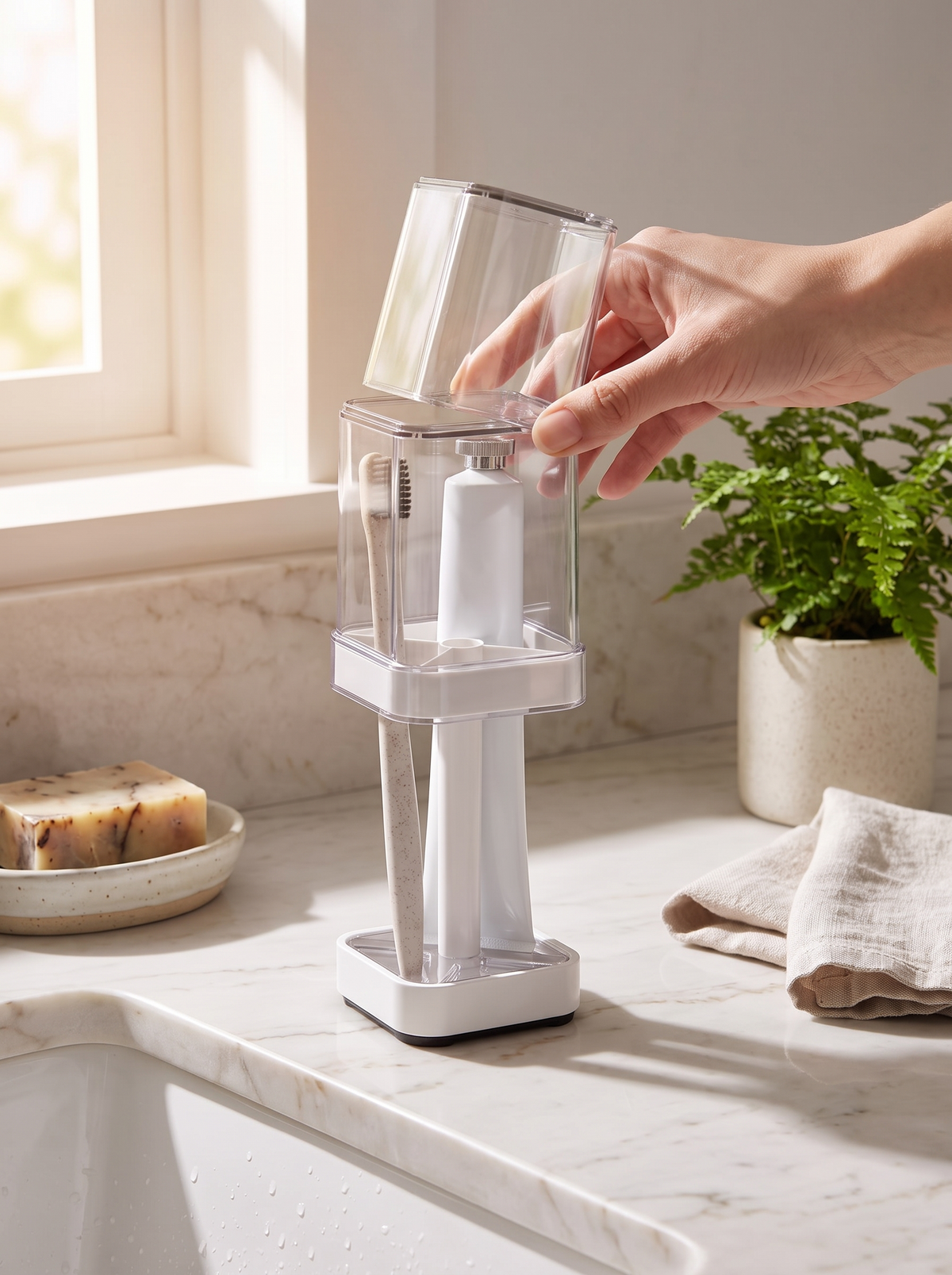 Toothbrush organizer clearing the sink edge