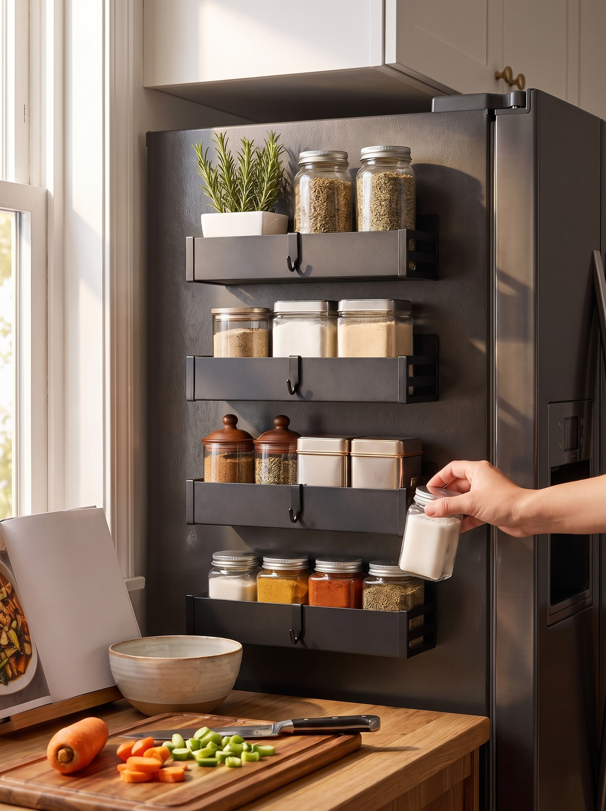 Magnetic shelves turning the fridge side into storage