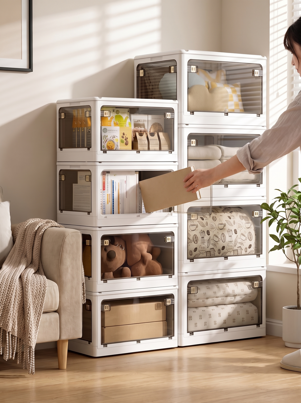 Five door storage box sorted by category