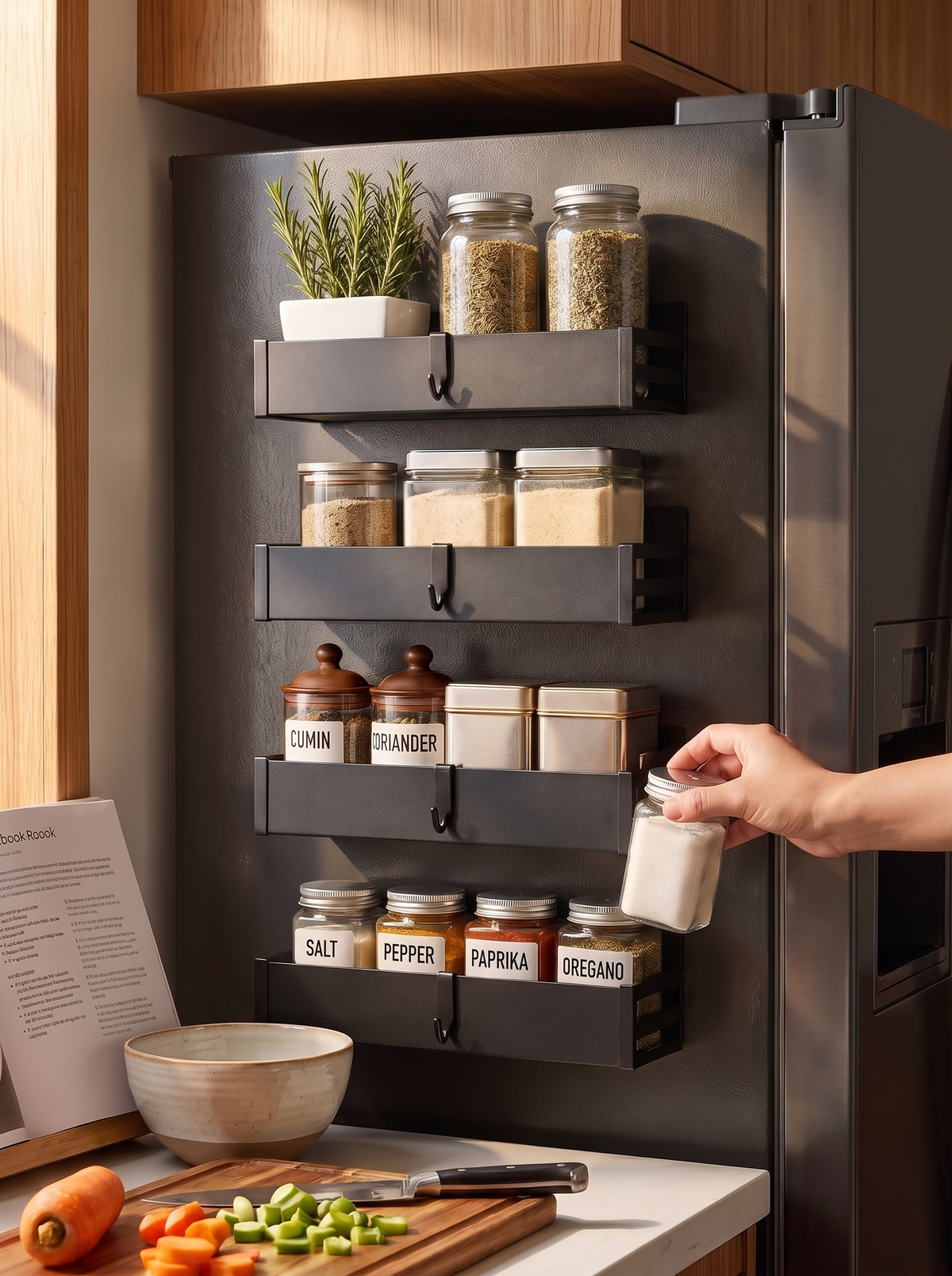 Four shelves holding spices and jars