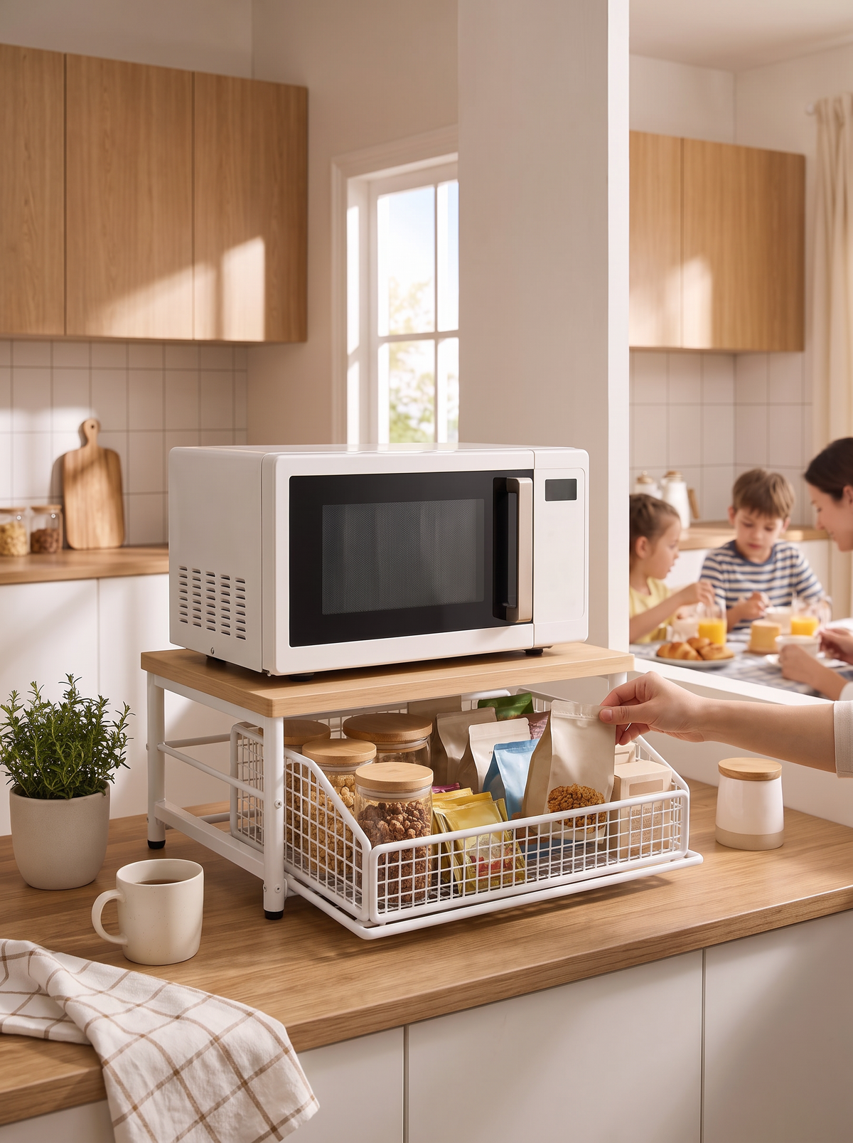 Microwave lifted onto its own stand