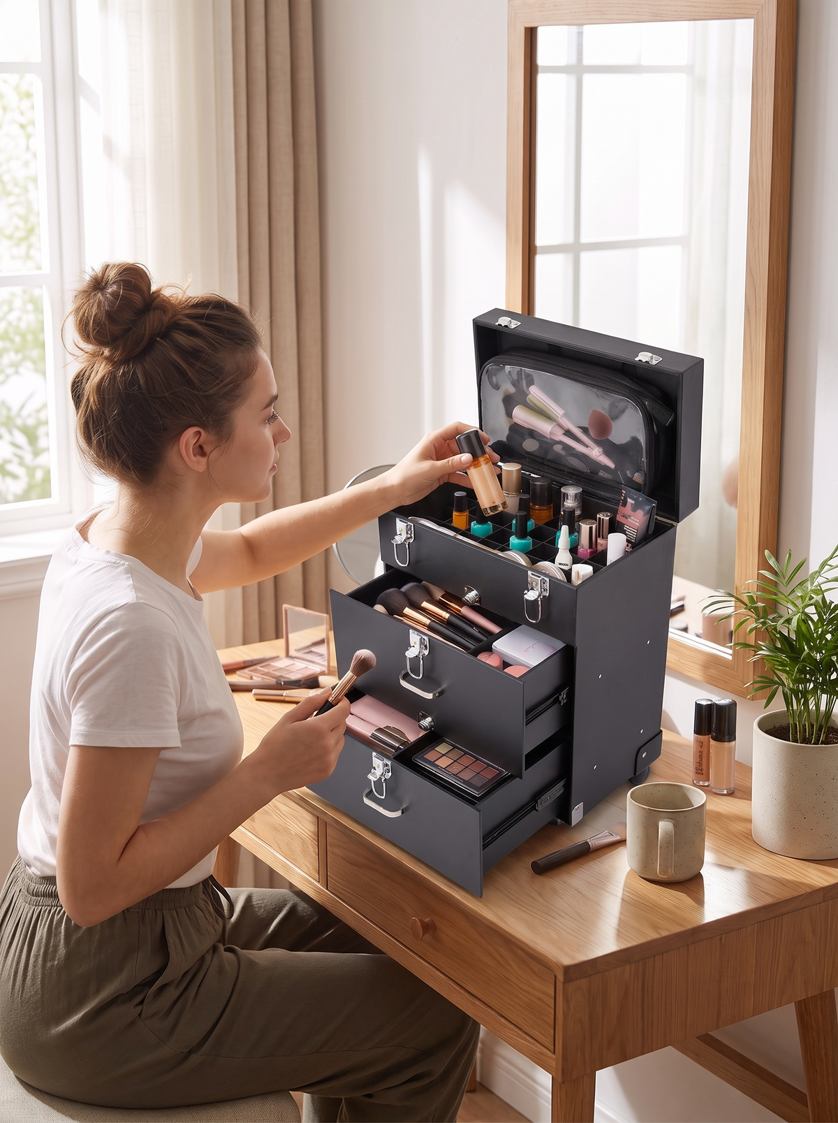 Makeup train case open at a dressing table