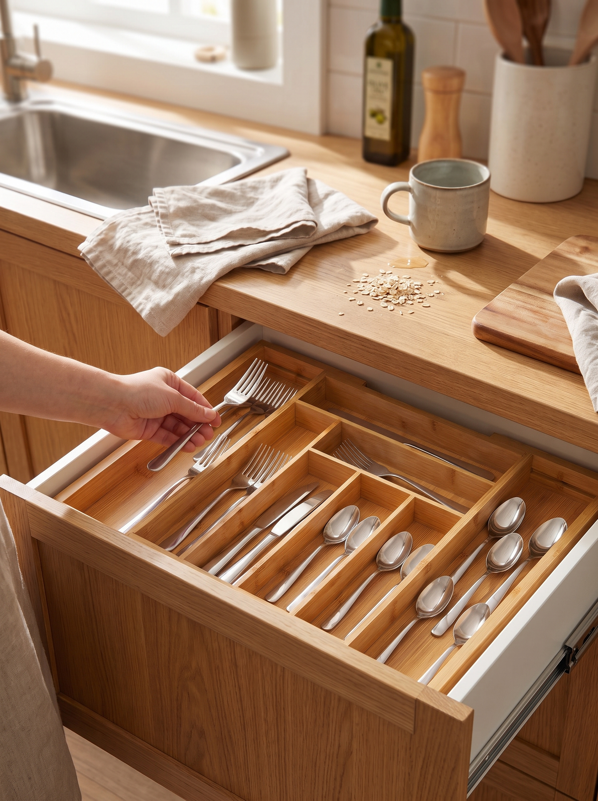 Cutlery tray expanded to fill the drawer