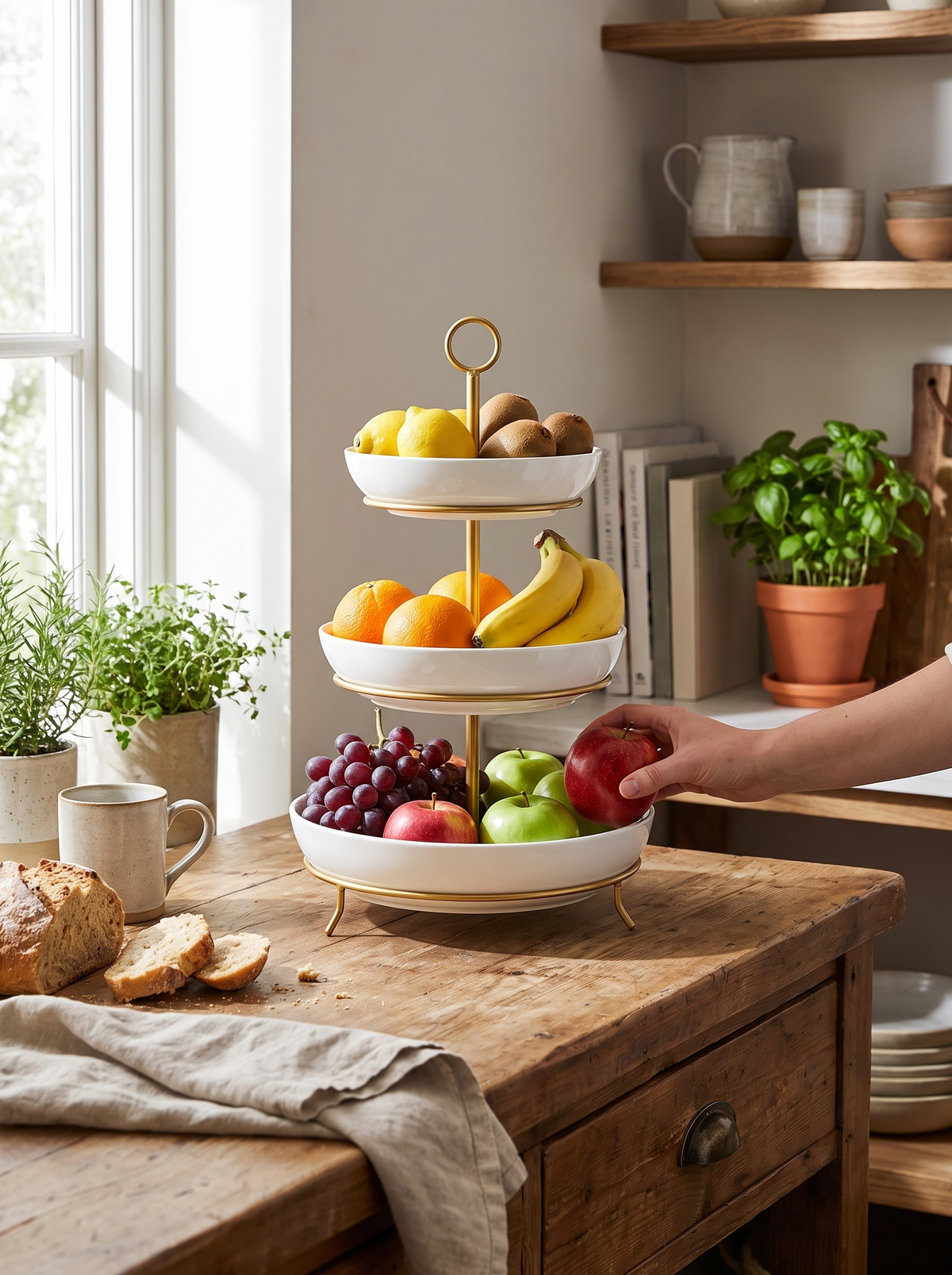 Tiered fruit stand on a kitchen counter
