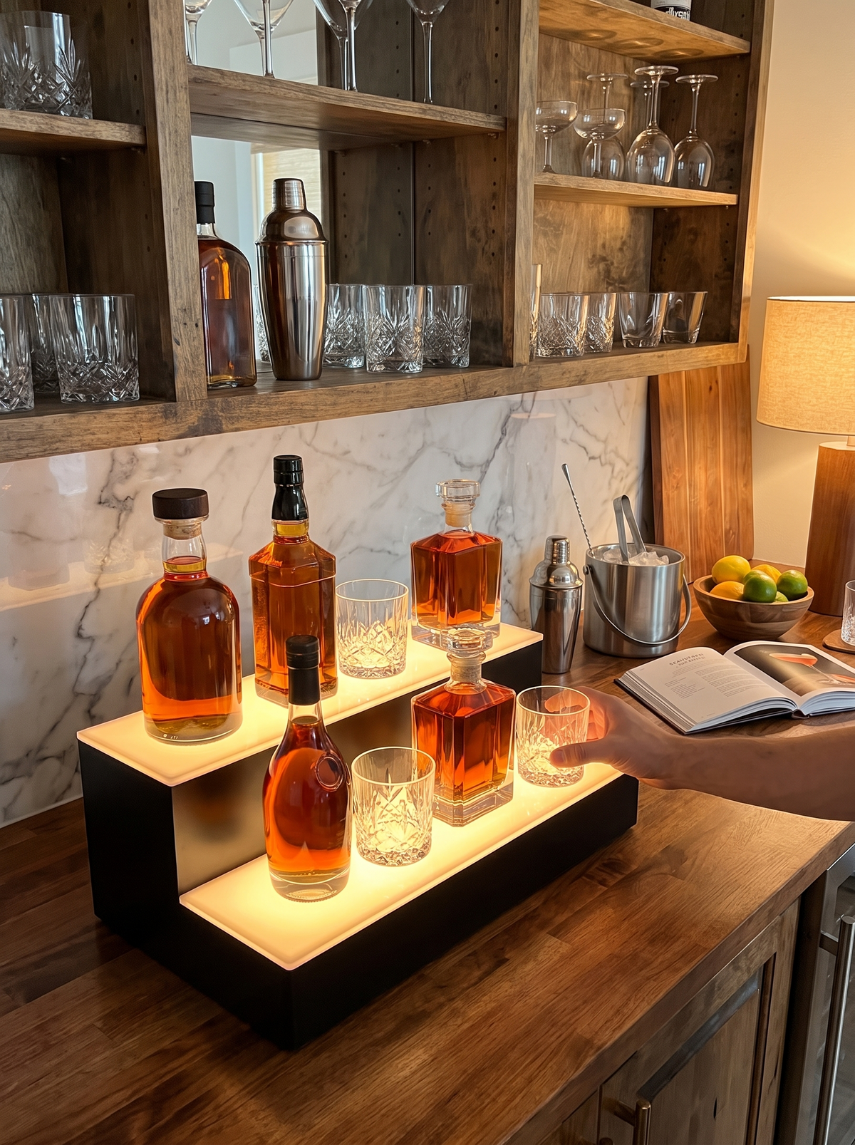 Lit display stand glowing under the bottles