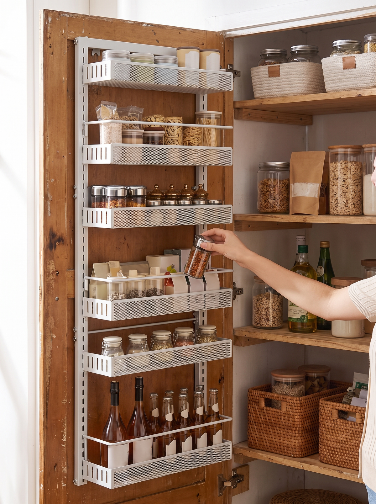 Six tier rack turning a pantry door into storage