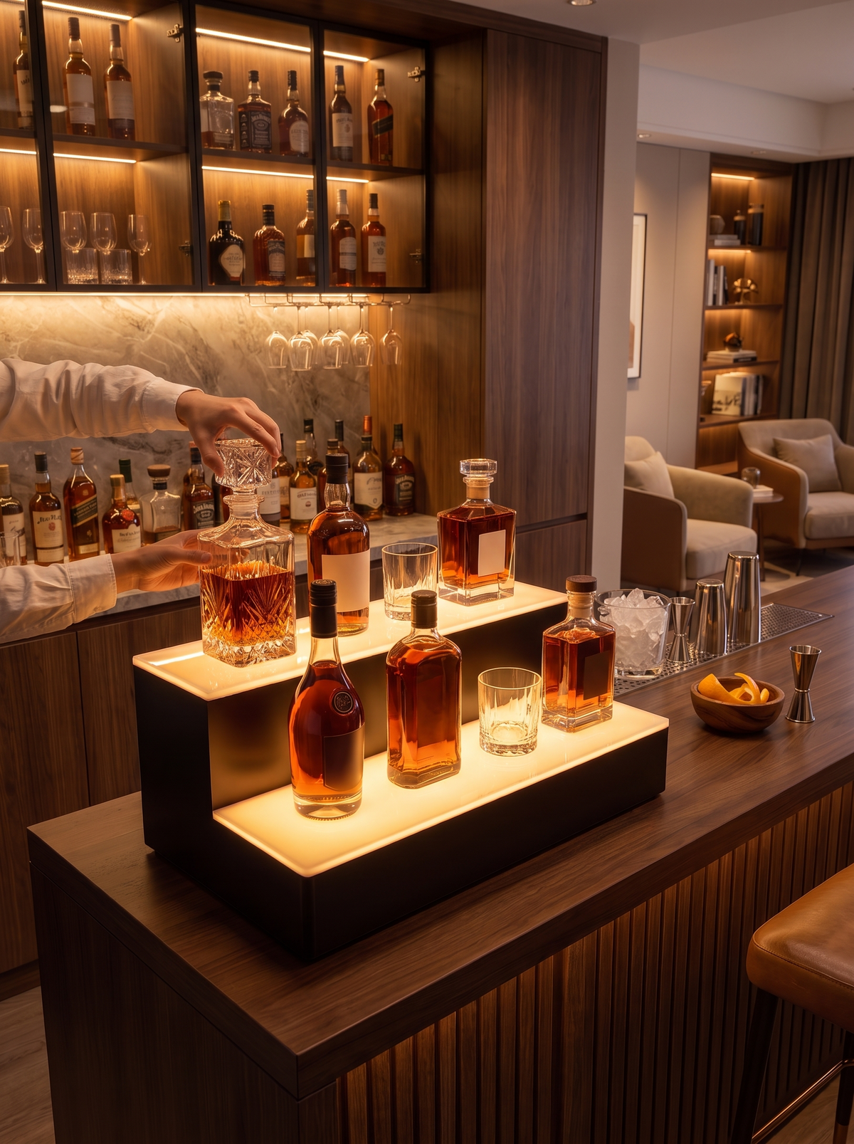 Home bar built around the lit stand