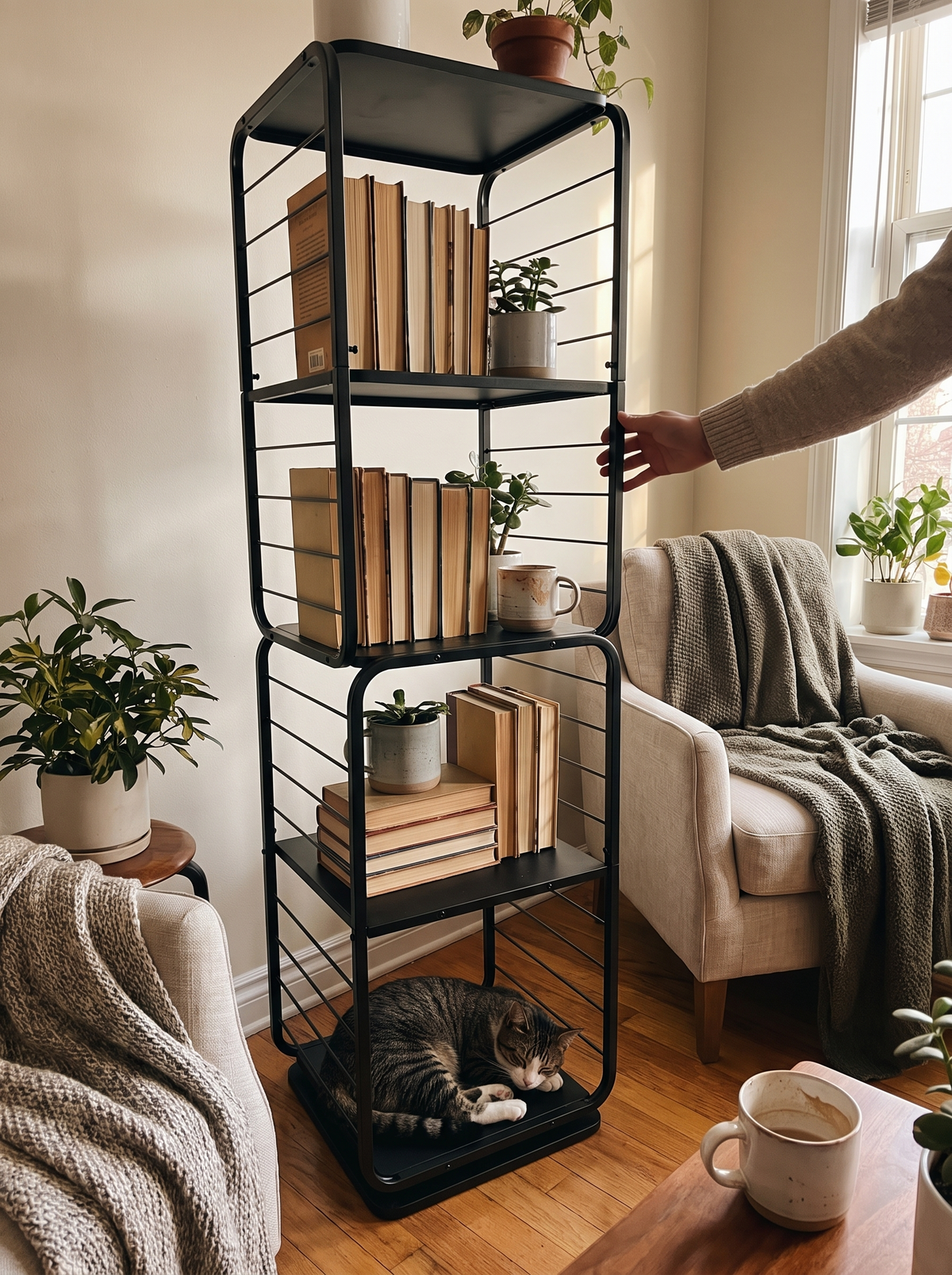 Rotating bookshelf turned to reach the back